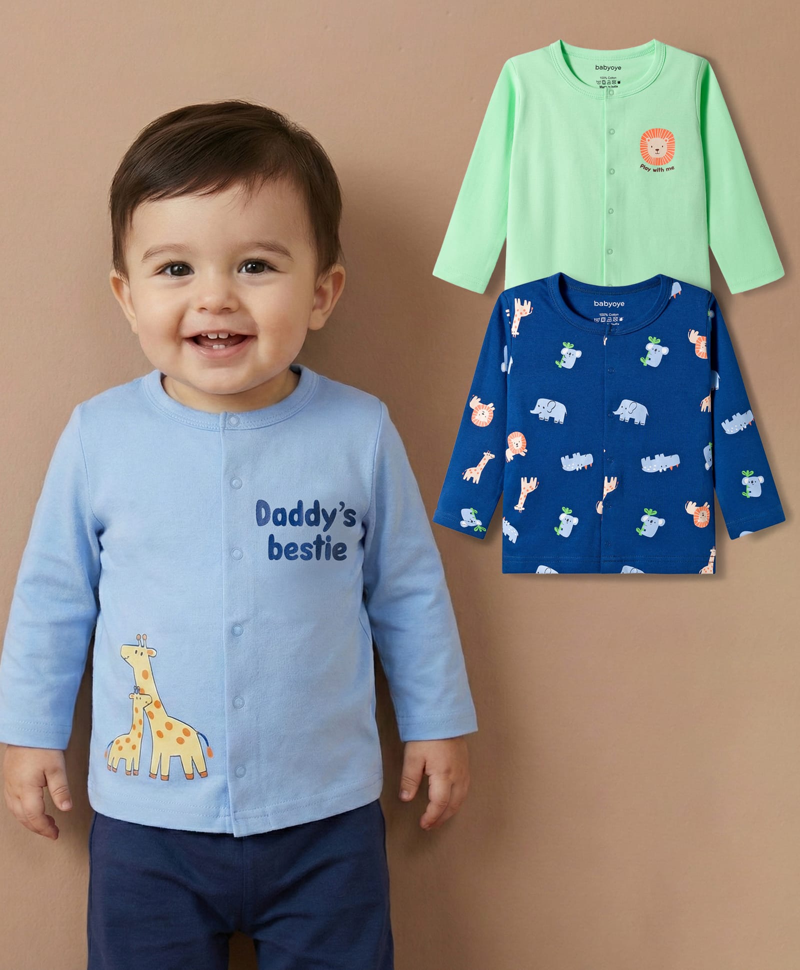 Babyoye 100% Cotton Interlock Knit Half Sleeves Jhablas With Elephant Print Pack Of 3 - Navy Blue Lime Green & Light Blue-picture-38