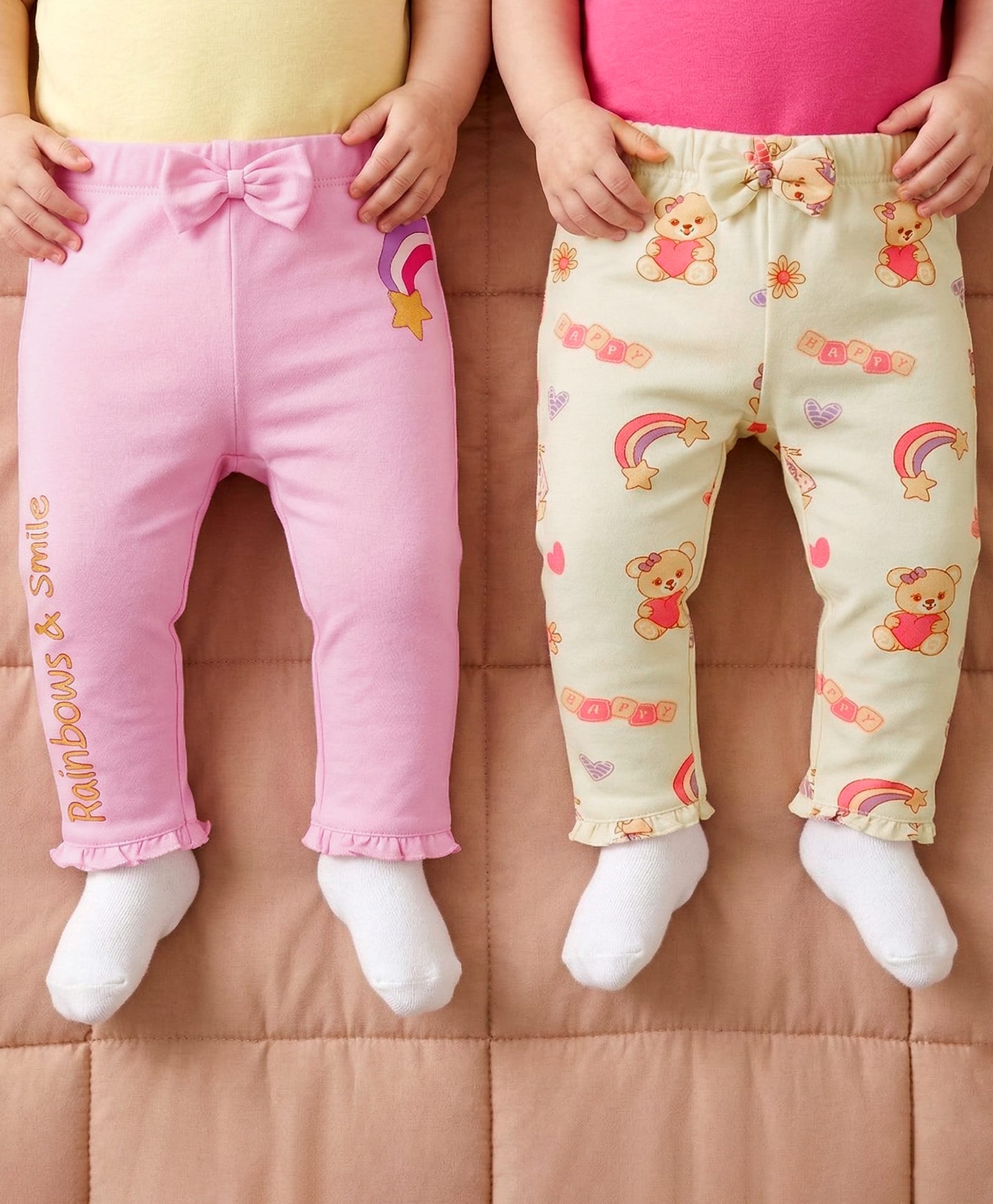 Babyoye 100% Cotton Knit Rainbow & Bear Printed Full Length Leggings With Bow Applique & Eco Jiva Finish Pack Of 2 - Multicolour-picture-21