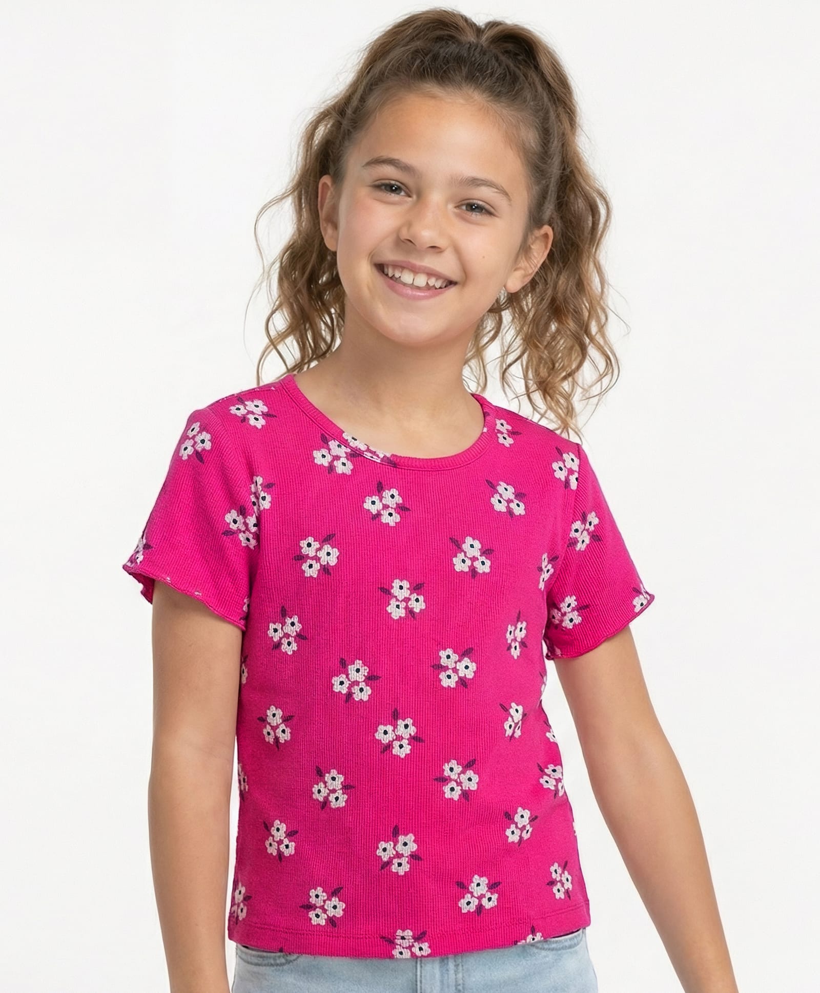 Honeyhap Premium Cotton Rib Knit Half Sleeves T-Shirt With Floral Print - Dark Pink-picture-35