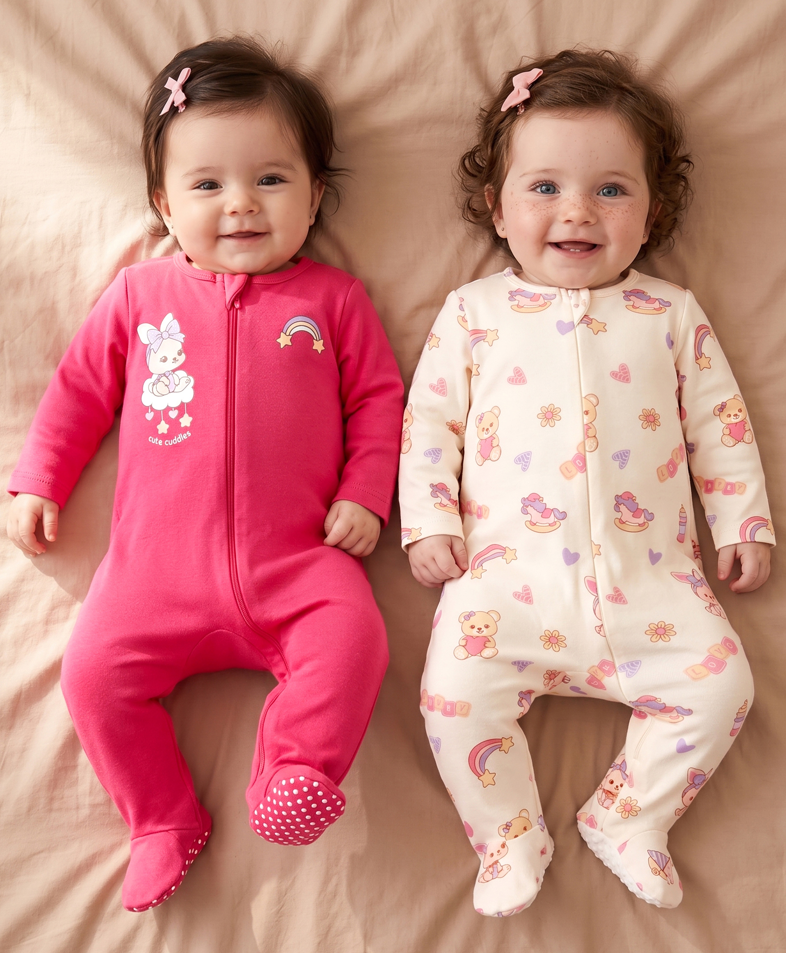 Babyoye 100% Cotton Knit With Eco Jiva Finish Full Sleeves Floral Hearts & Animal Printed Footed Sleepsuits Pack Of 2 - White & Dark Pink-image-40