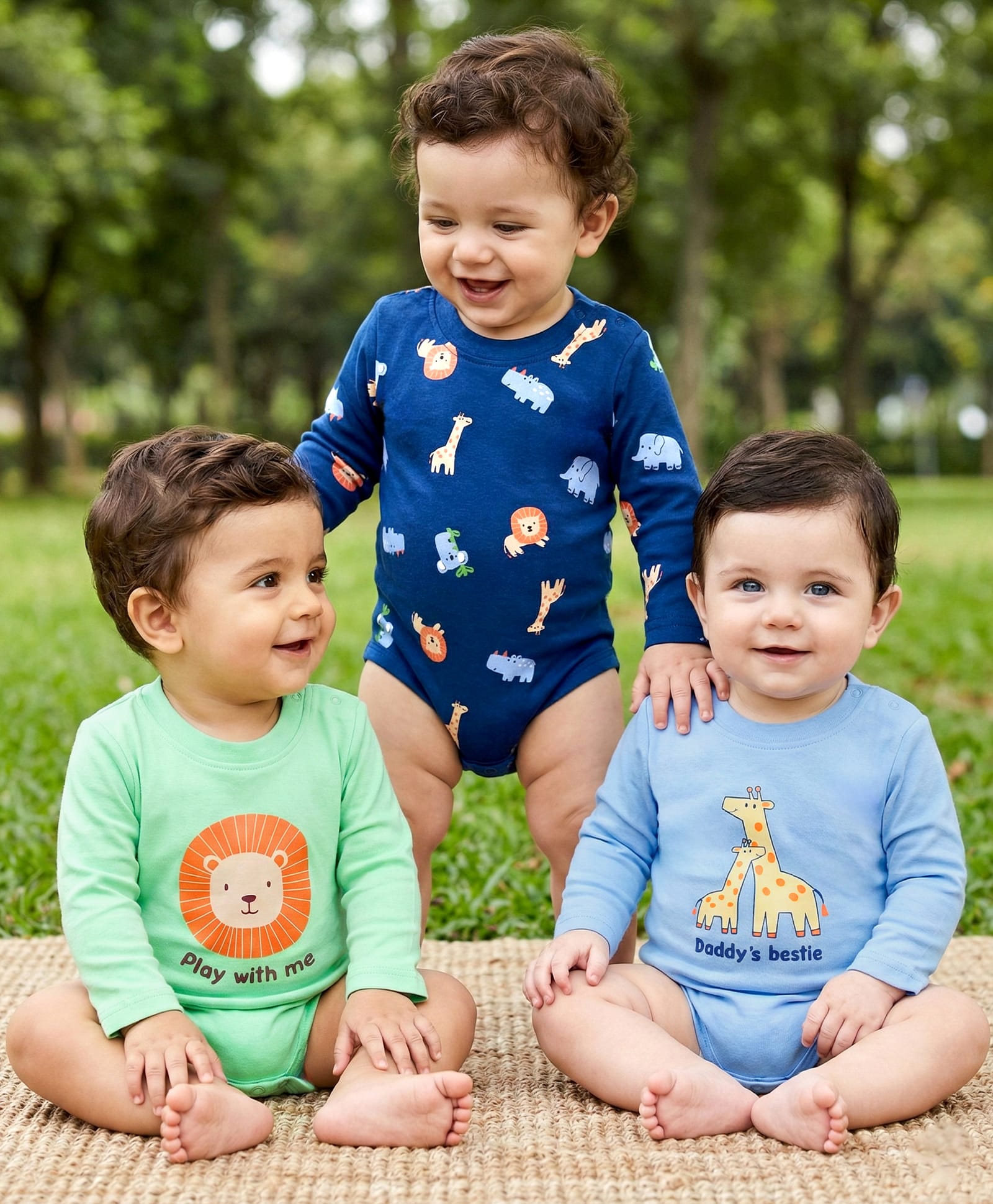 Babyoye 100% Cotton Knit Full Sleeves Onesies with Animal Print Pack of 3 - Light Green Navy & Light Blue-image-31