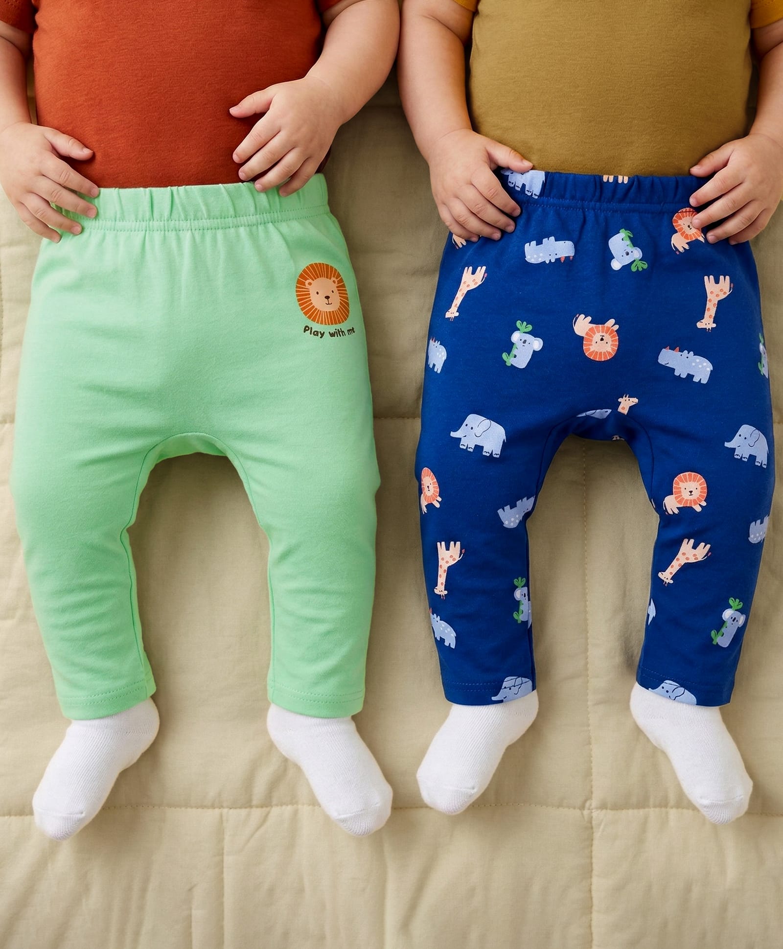 Babyoye 100% Cotton Knit Full Length Diaper Leggings with Animal Print Pack of 2 - Blue & Light Green-image-25