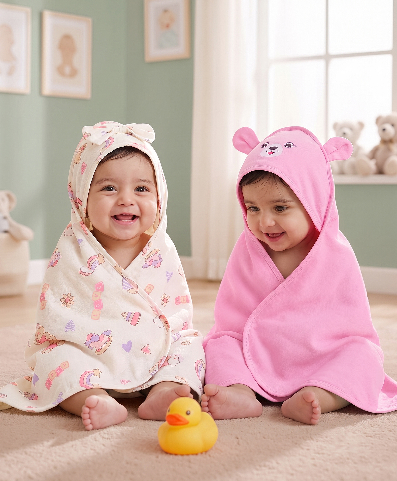 Babyoye 100% Cotton Knit Eco Jiva Finish With Floral & Hearts & Animal Printed Hooded Towel Pack Of 2 L 78 X B 78 cm -White & Pink-image-41