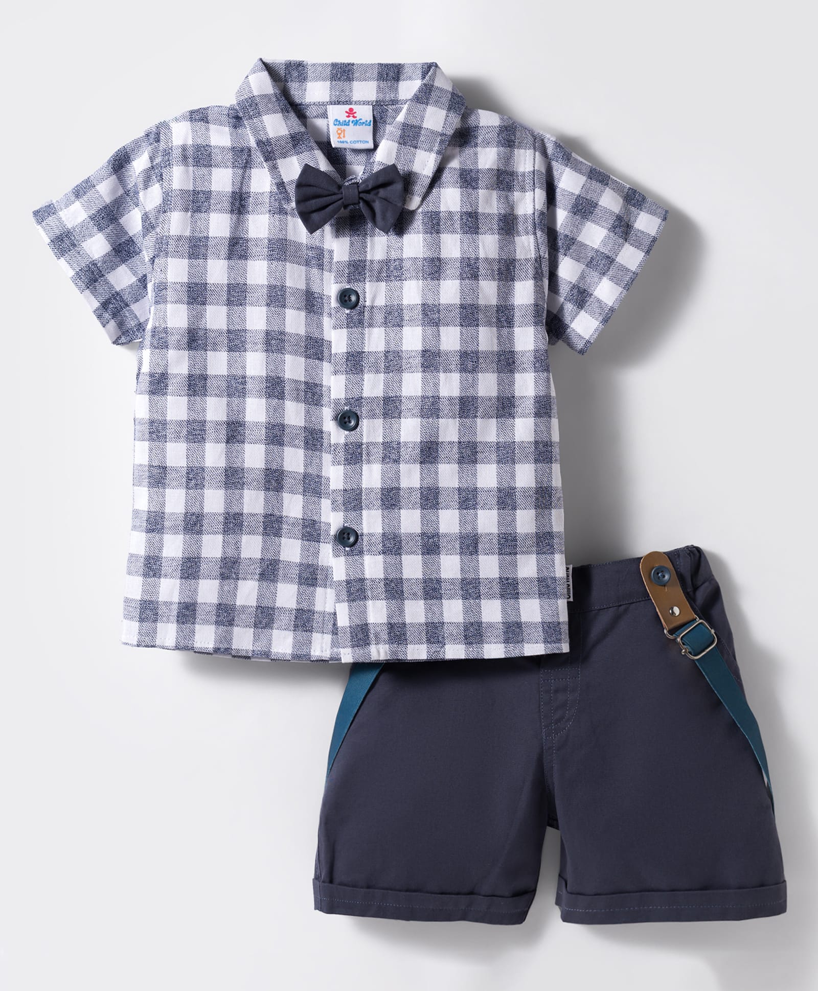 Child World Textile Woven Half Sleeves Checks Shirt & Shorts Set With Bow & Suspender - Blue-picture-13