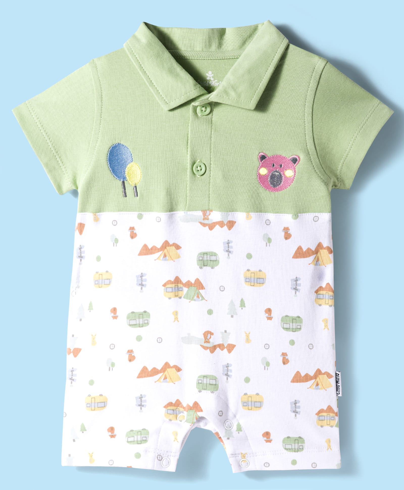 Child World Interlock Knit Half Sleeves Romper With Camping Print - Olive Green-picture-14