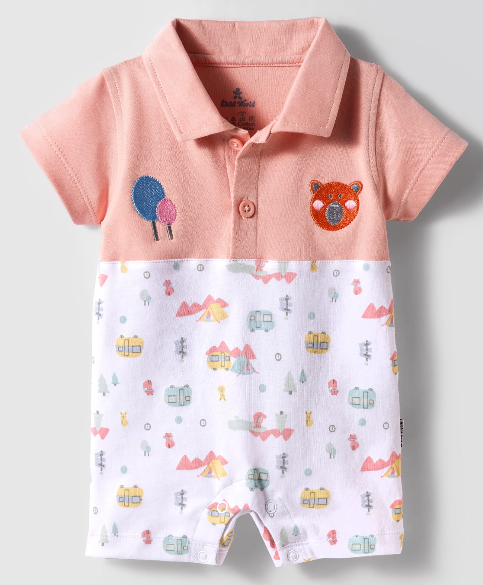 Child World Interlock Knit Half Sleeves Romper With Camping Print - Rust-picture-19