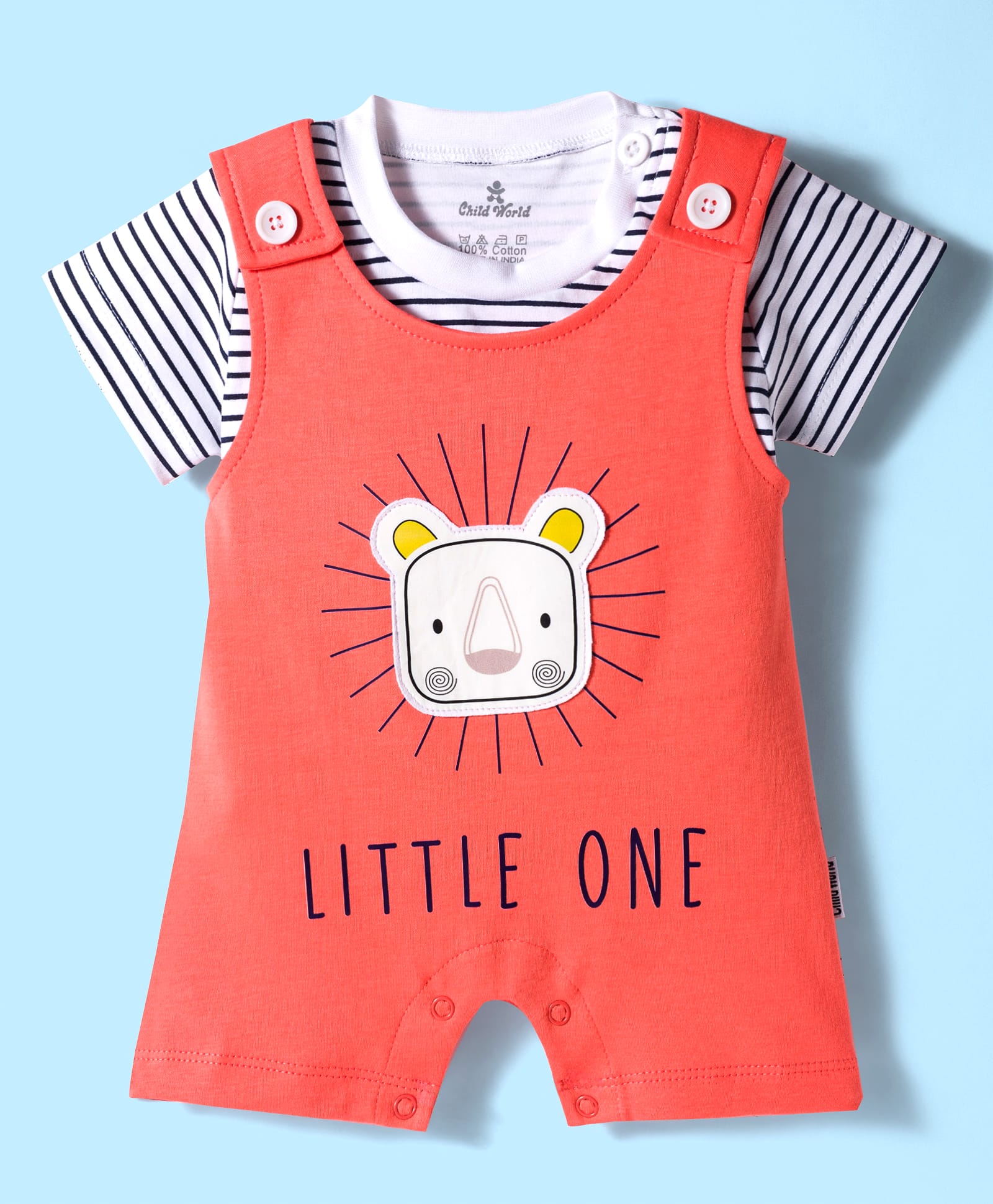 Child World Interlock Knit Dungaree Style Romper & Half Sleeves Inner Tee With Lion Patch - Red-image-24
