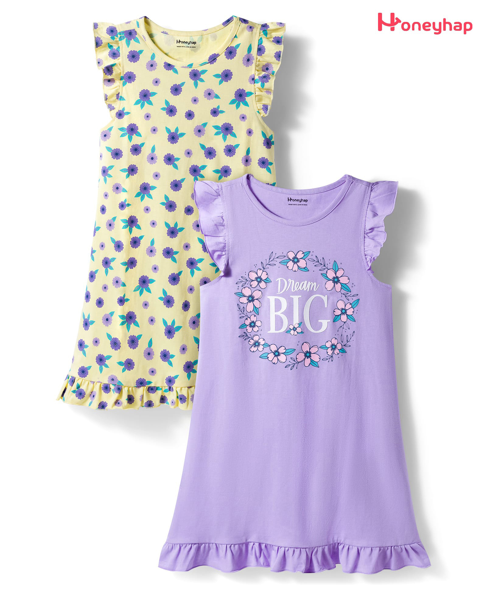 Honeyhap Premium 100% Cotton Knit With Bio Finish Sleeveless Nighties With Floral Print Pack of 2 - Lemon Meringue & Pastel Lilac-image-34