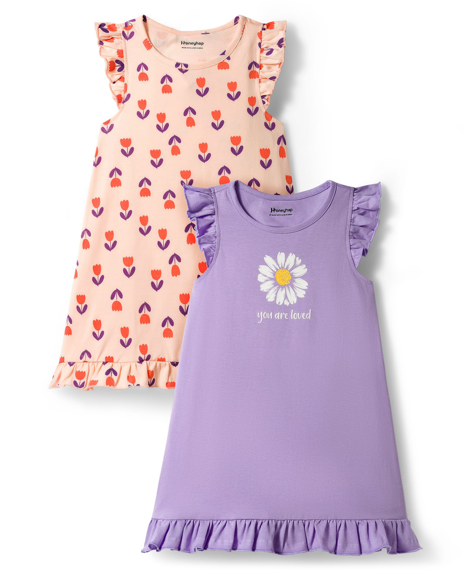 Honeyhap Premium 100% Cotton Knit Frill Sleeves Nighty With Floral Print Pack Of 2 - Purple & Peach-image-5