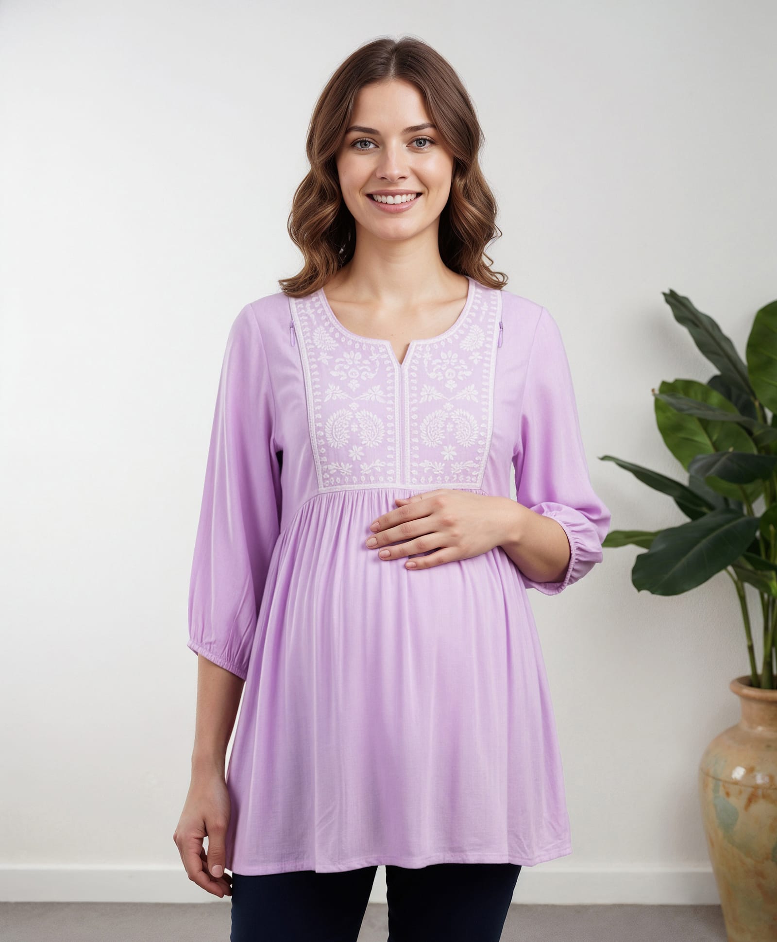 Bella Mama Woven Three Fourth Sleeves Maternity Top With Floral Embroidery - Lilac