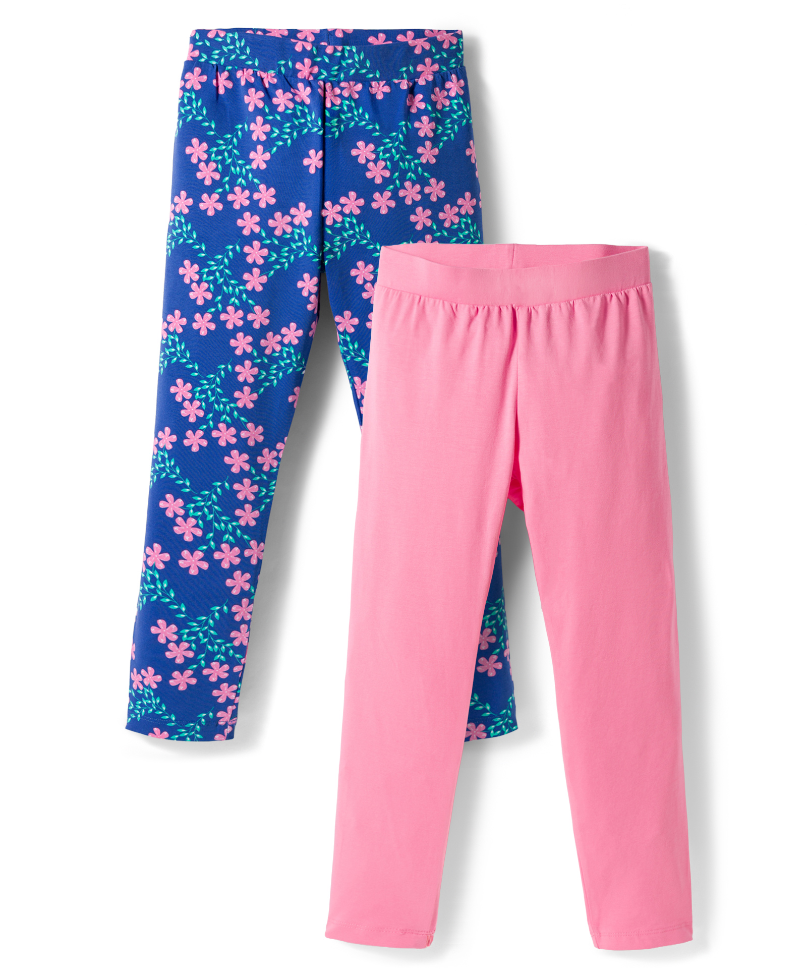Pine Kids Cotton Lycra Knit Leggings with Floral Print Pack of 2 - Navy Blue & Pink-picture-11