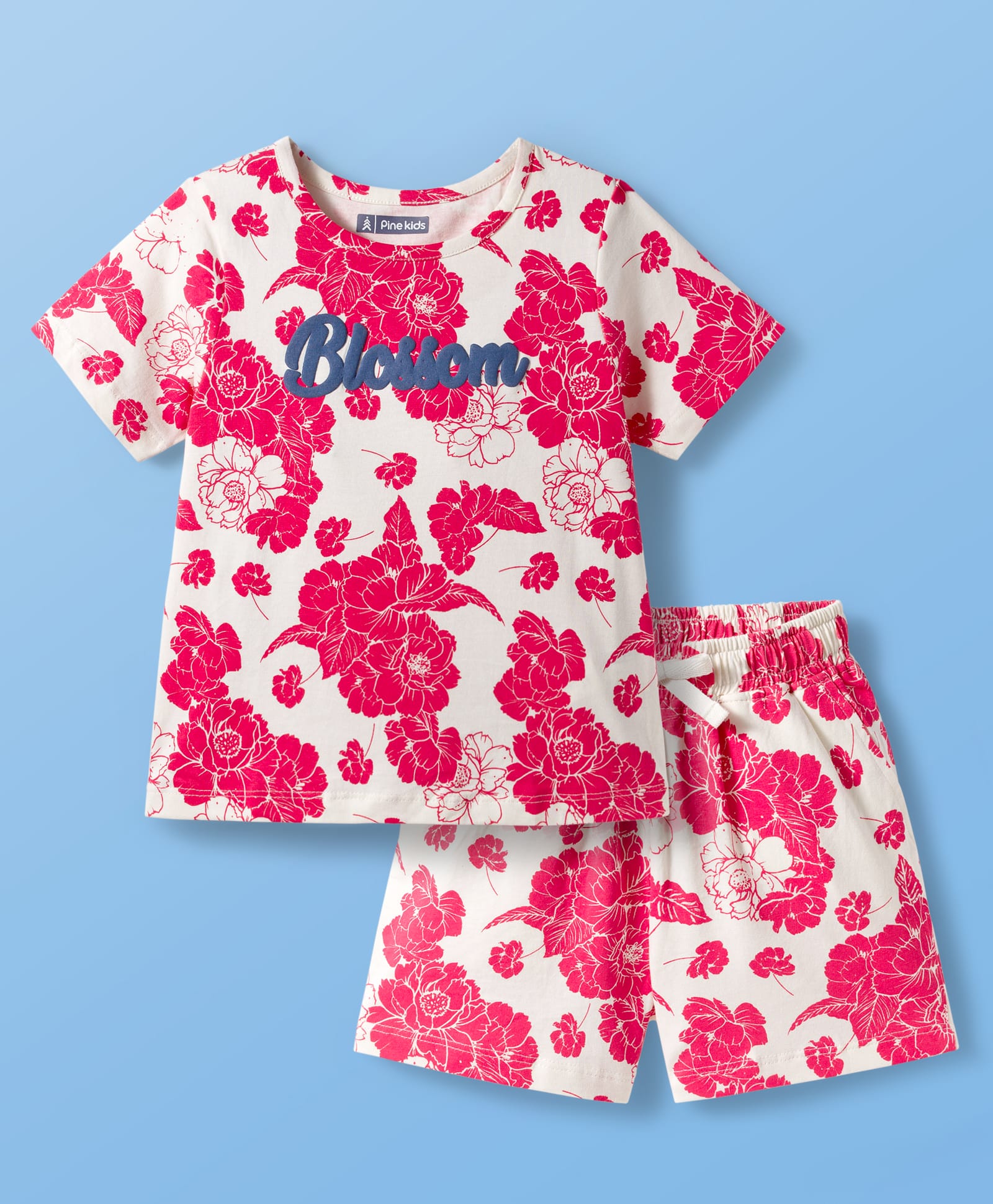 Pine Kids Cotton Knit Half Sleeves Shorts Night Suit With Floral Print - White & Red-picture-21