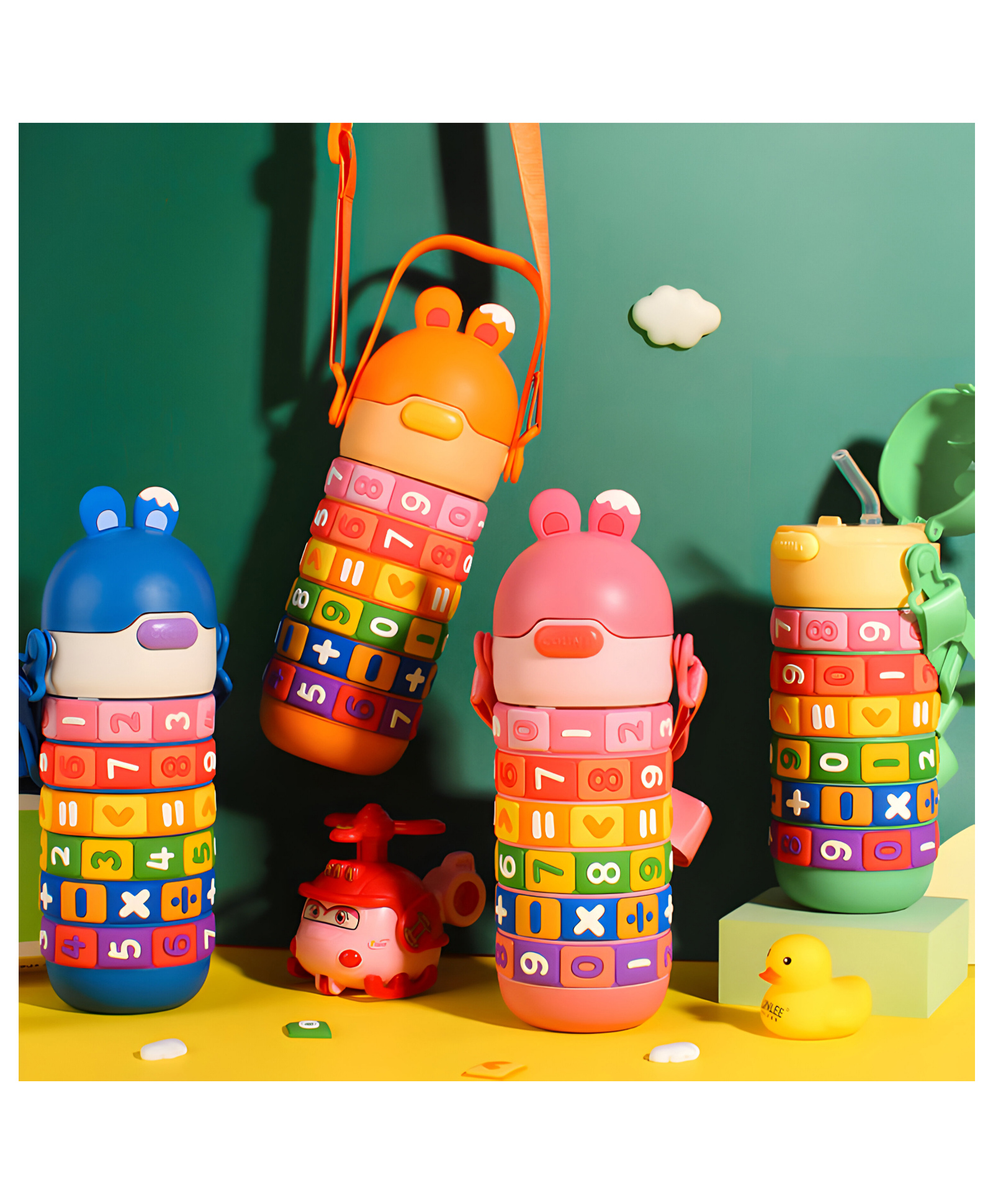 SCHOOLISH Kids Educational Water Bottle with Math Learning Puzzle, Rainbow Numbers and Symbols, Portable Drink Container with Shoulder Strap 430 ml - PACK OF 1 - COLOR MAY VARY-image-46