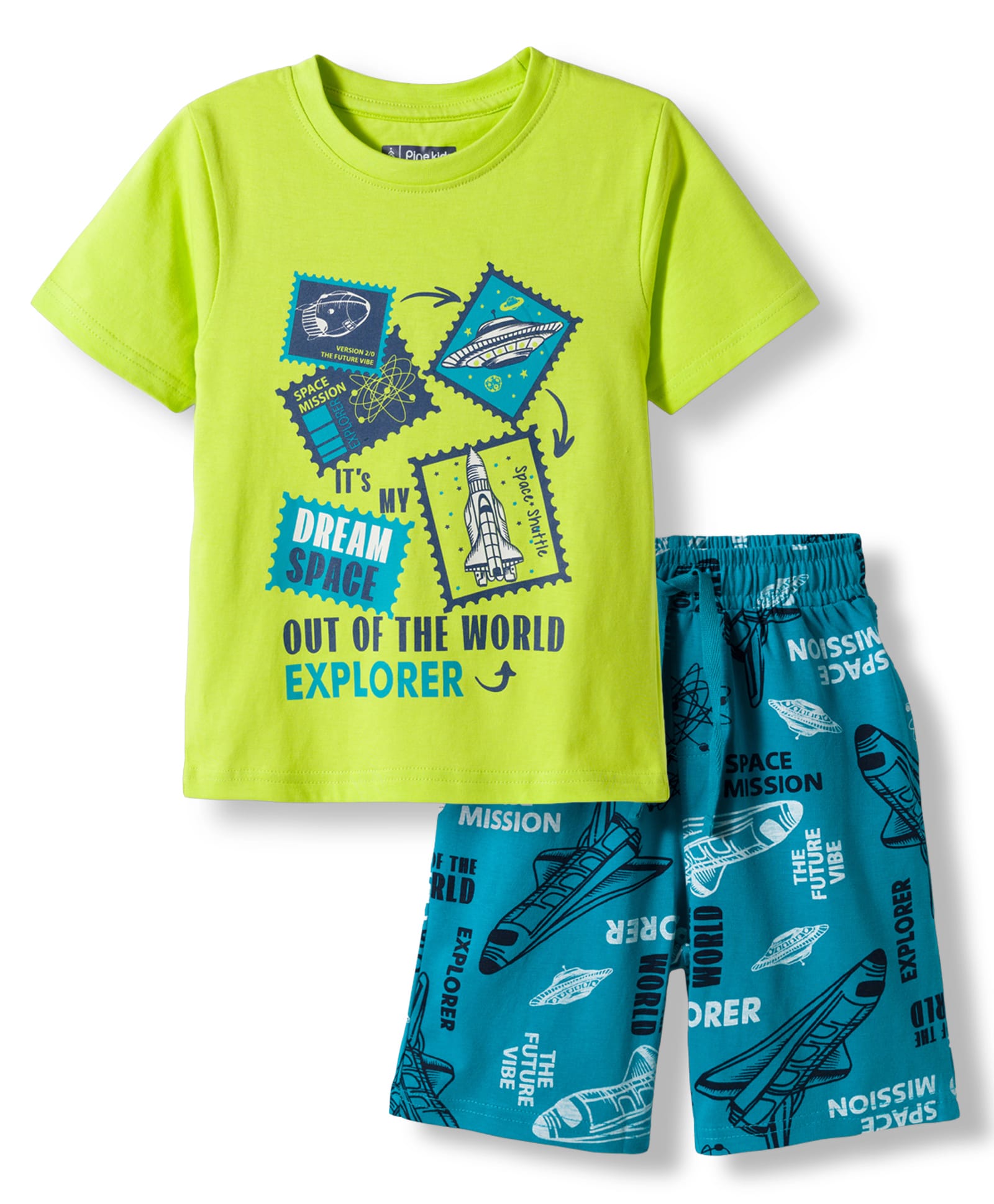 Pine Kids Cotton Knit Half Sleeves Shorts Night Suit with Space Theme Print - Limegreen-picture-23