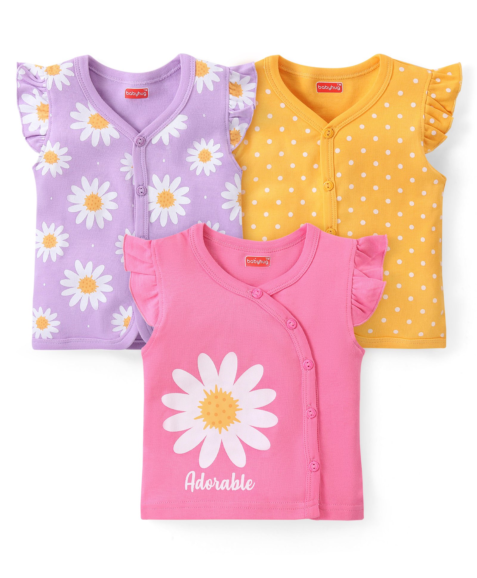Babyhug 100% Cotton Interlock Knit Frill Sleeves Jhablas With Floral Print Pack Of 3 - Pink Purple & Yellow-picture-27