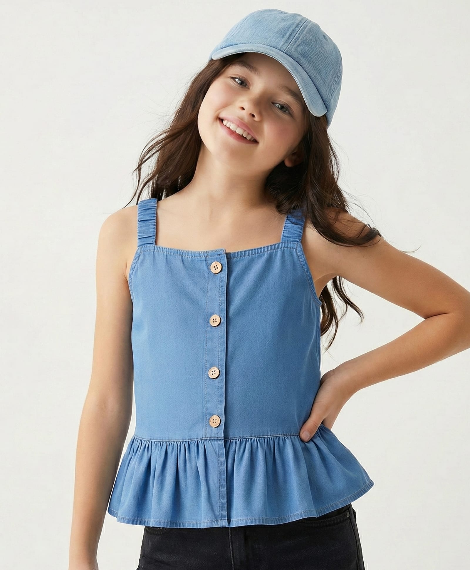 arias by lara dutta Arias Cotton Woven Sleeveless Front Open Frill Hem Top - Blue-picture-28