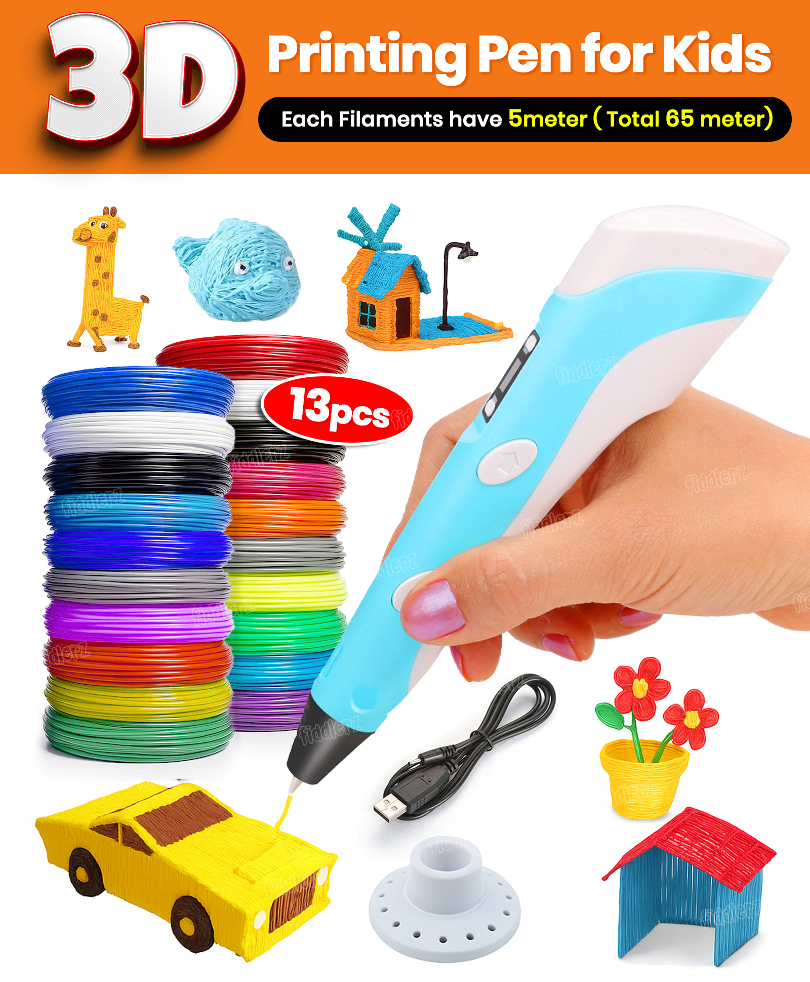 Fiddlerz 3D Printing Pen with LCD Display with 3 + 10 PLA Filament Extra Included 3D Printing Drawing Pen for Kids - Multicolor-image-34