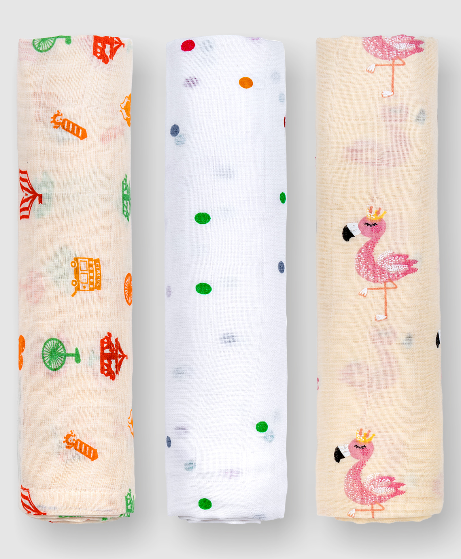 GRASPINGFINGERS 100% Cotton Muslin Multipurpose Swaddle Wrap Pack of 3 Flamingo Polka Dots Circus Theme- Multicolour ( 110x100 Cm)-image-25