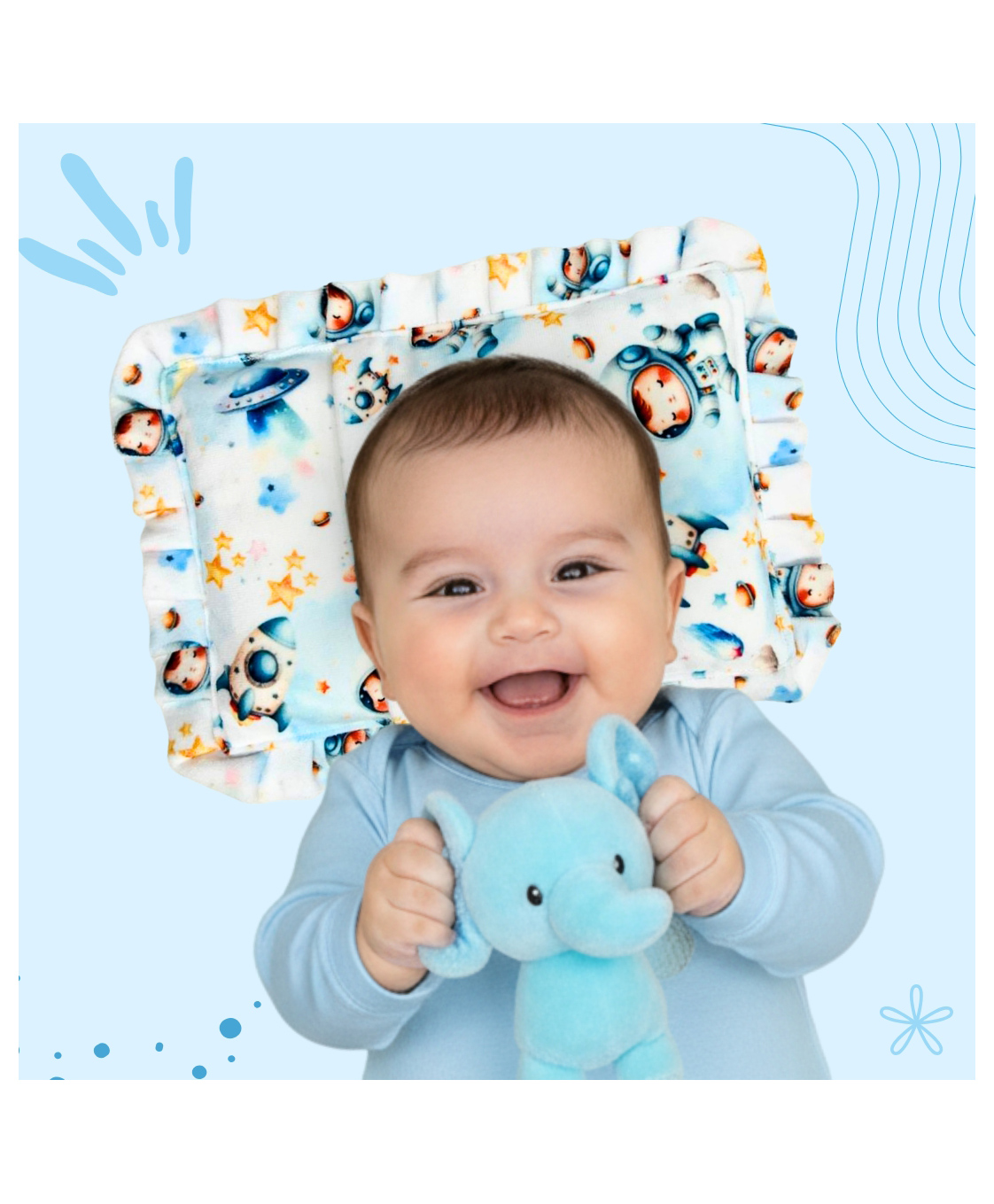 Bubzii Soft Velvet Head Shaping Rai Pillow Astronaut Print Mustard Seeds Round Head Shaping Seed Pillow - Light Blue-image-38