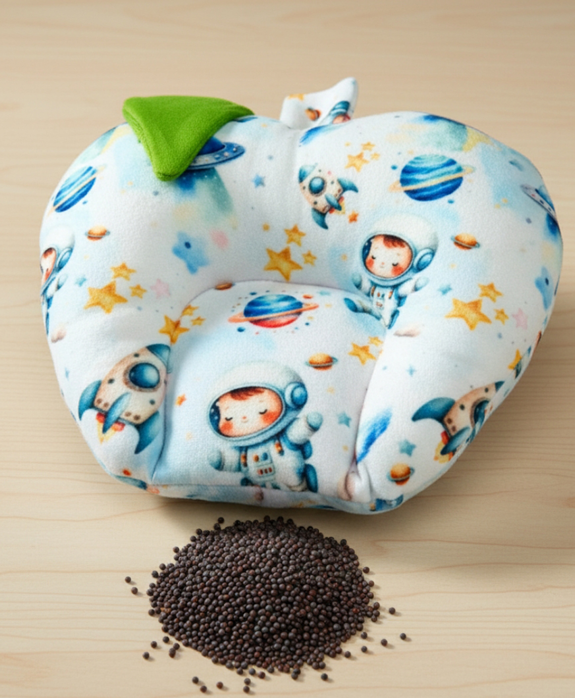 Bubzii Soft Velvet Head Shaping Mustard Seeds Astronaut Print Round Head Shaping Seed Pillow - Light Blue-image-35