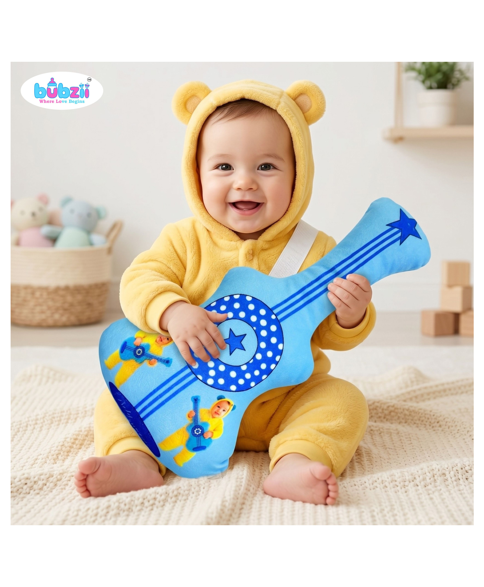 Bubzii Organic Cotton Baby Bolster Guitar Shape Soft Safe & Cozy Support for Peaceful Sleep Side Guard - Blue-picture-11