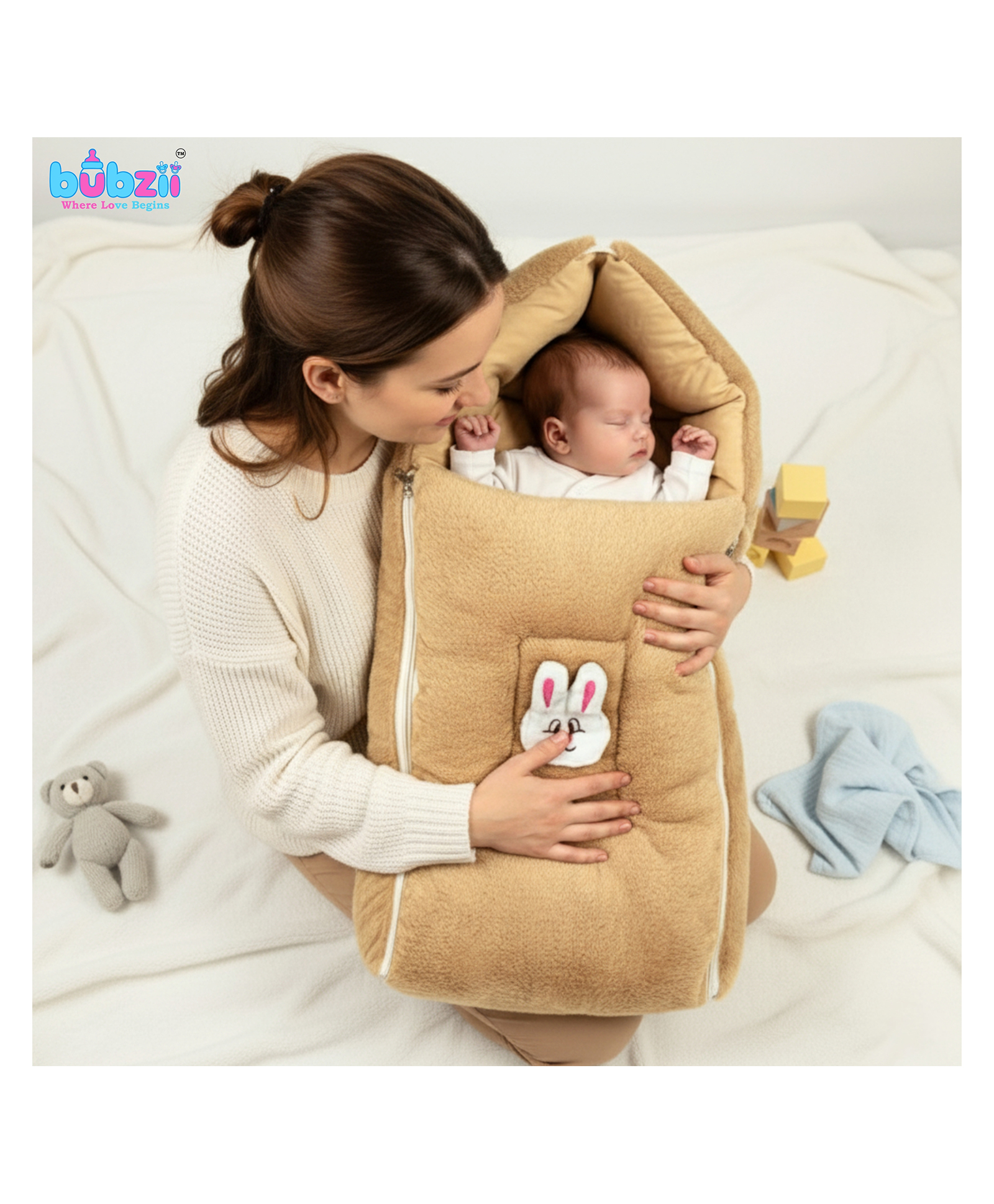 BUBZII Velvet Baby Sleeping Bag Gentle, Secure & Snuggly Comfort for Newborns (0 to 12 Months) Lovely Camel color Shade-image-11
