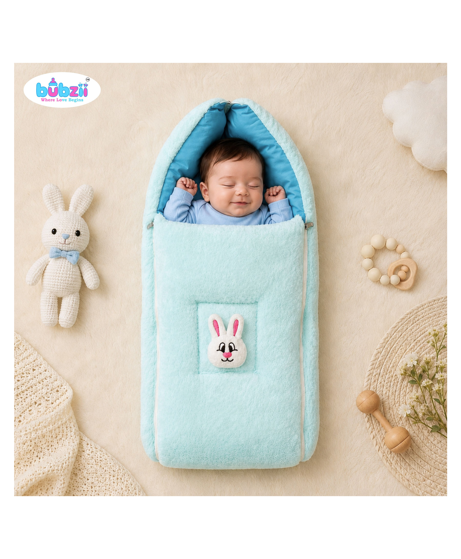 BUBZII Baby Velvet Sleeping Bag Ultra-Soft, Safe & Comfortable Sleep Pod for Infants (0 to 12 Months) Cute Light Blue-image-46