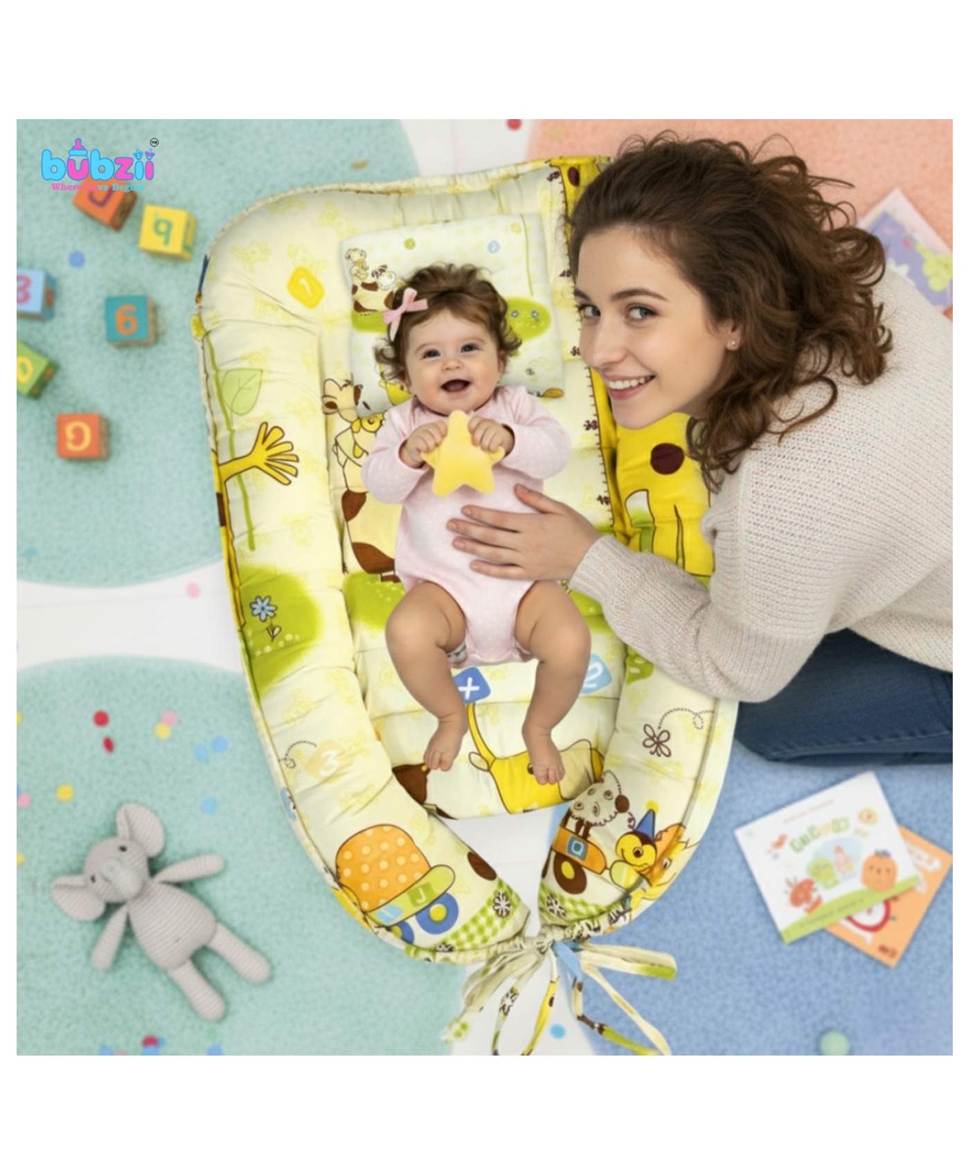 Bubzii Lightweight Comfortable Soft Adorable Giraffe Print Baby Cotton Nest Bed with Ribbon - Light Yellow-image-48