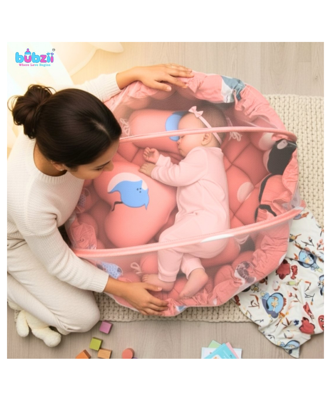 BUBZII 3 in 1 Round Baby Bed with Mosquito Net Soft, Safe & Cozy Sleep Pod for New borns (0to12 Months) Charming Pink Finish-image-2