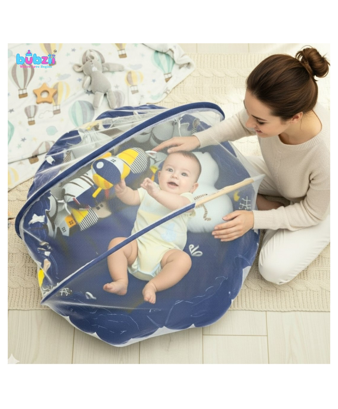 Bubzii 3 in 1 Round Baby Bed with Mosquito Net (0to12 Months) Charming Astronaut Blue