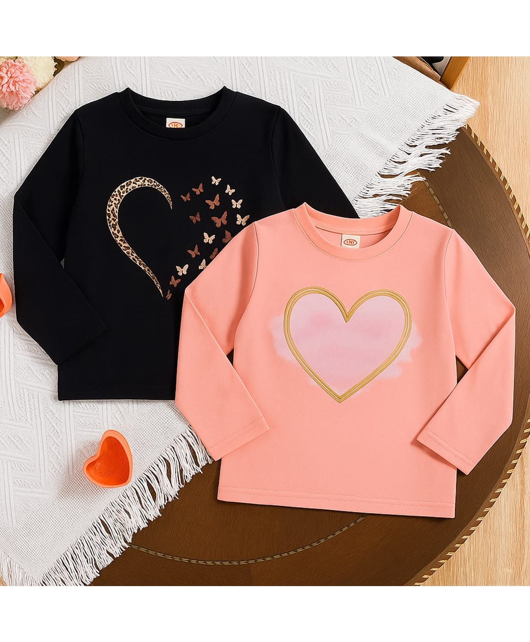 Luke and Lilly Cotton Blend Knit Pack Of 2 Full Sleeves Heart Printed Tees - Black & Coral-image-22