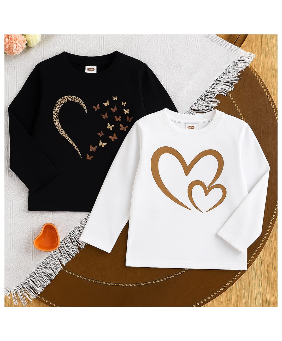 Luke and Lilly Cotton Blend Knit Pack Of 2 Full Sleeves Heart Printed Tees - White & Black-image-29