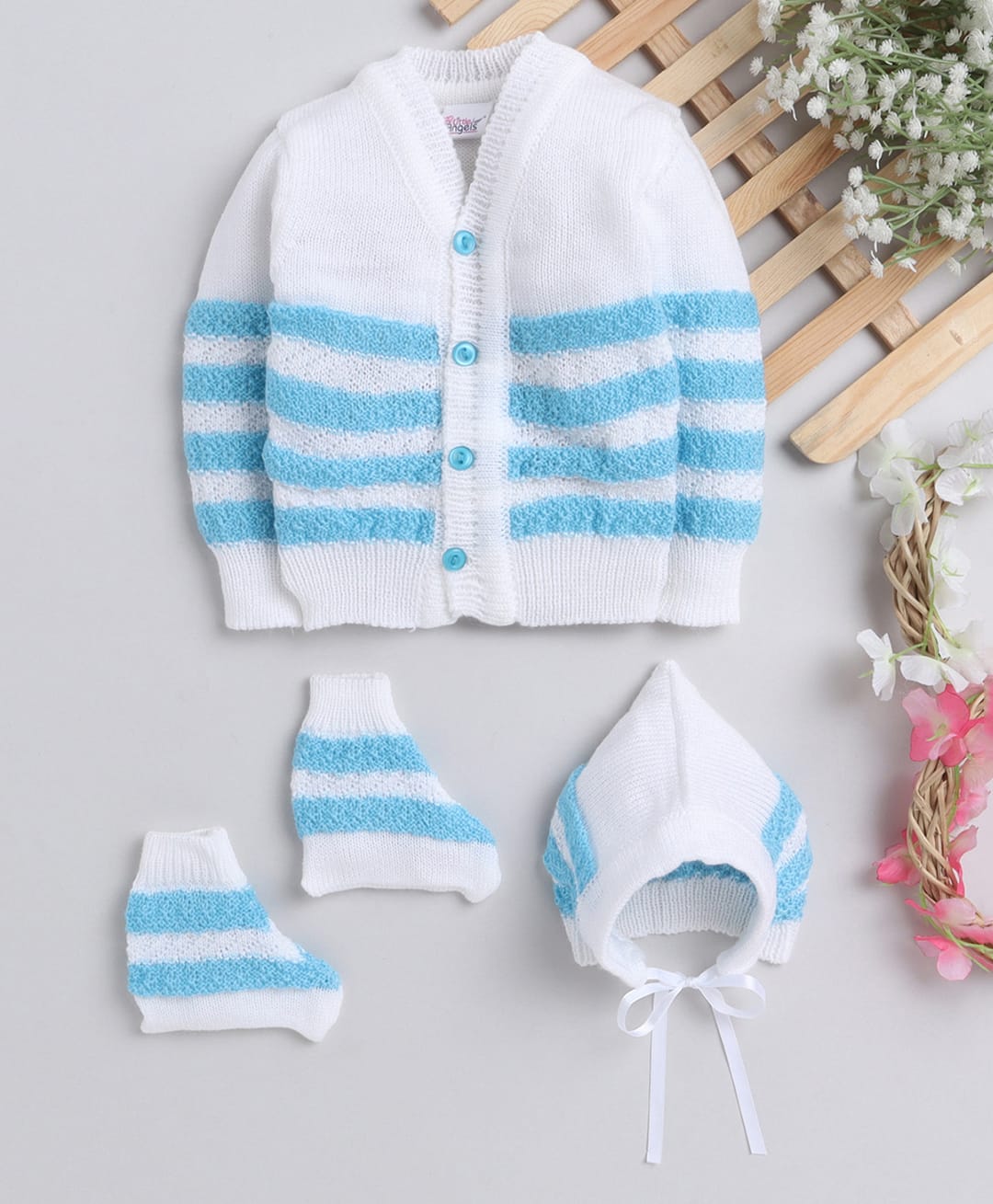 Little Angels Woollen Knit Full Sleeves Striped Cardigan With Cap & Socks - Blue-picture-26