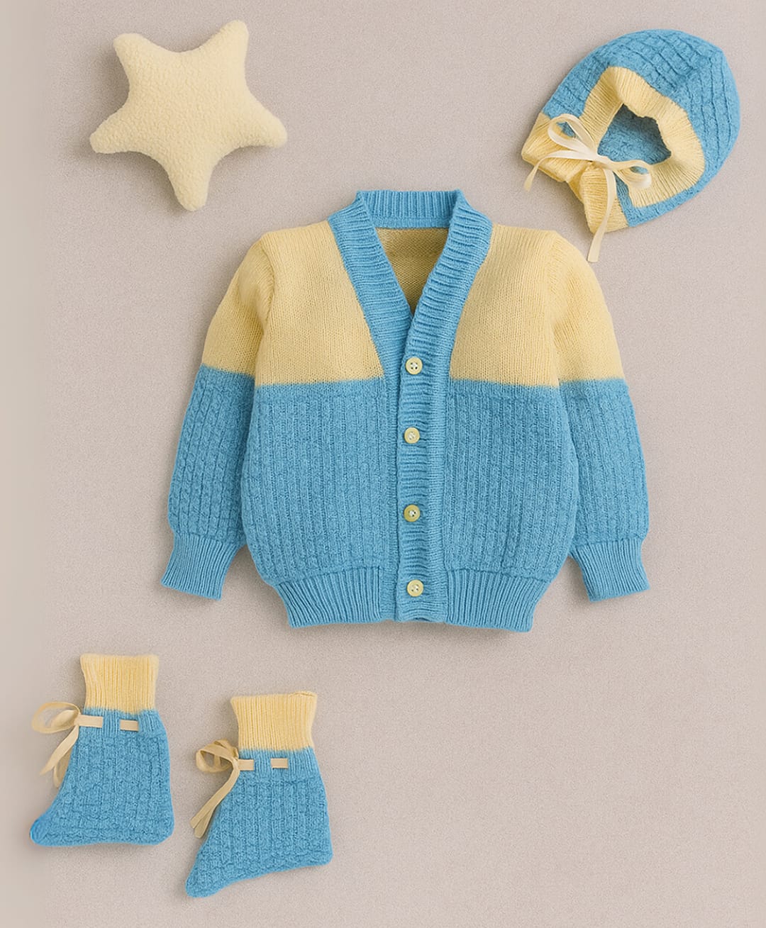 Little Angels Woollen Knit Full Sleeves Colour Blocked Cardigan With Cap & Socks - Blue & Yellow-image-33
