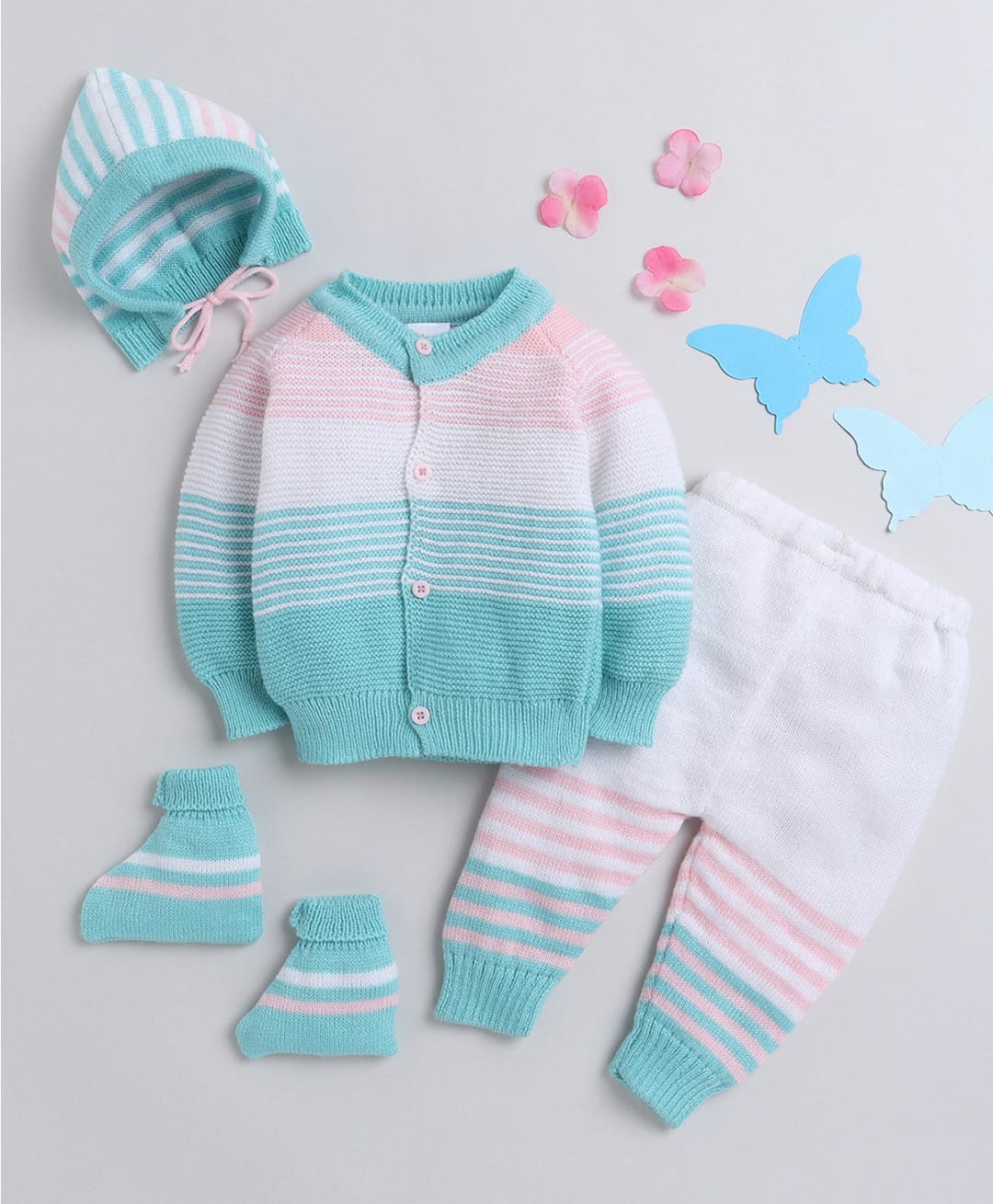 Little Angels Woollen Knit Full Sleeves Striped Cardigan & Pants With Cap & Socks Set - Green & Pink-image-17