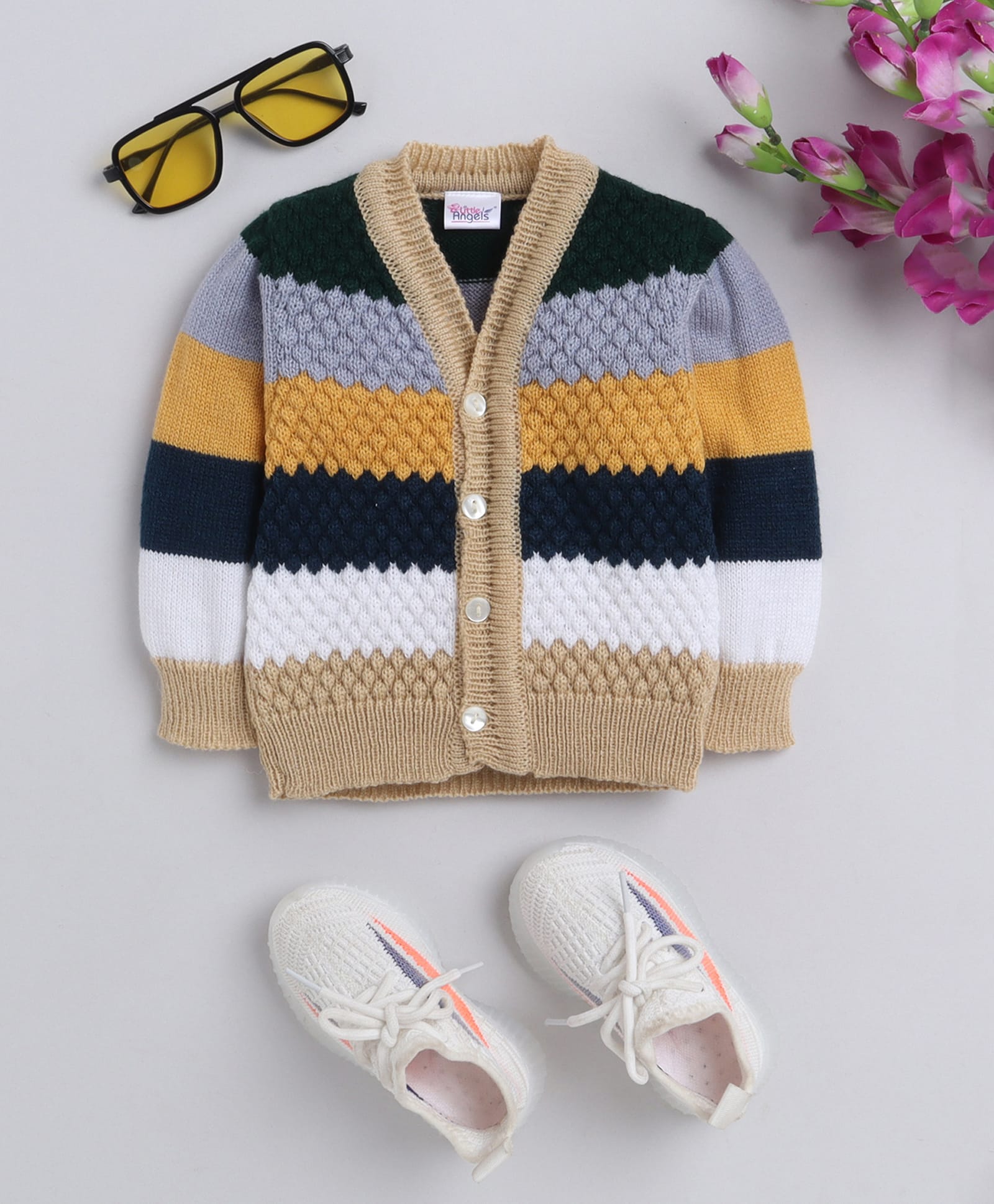Little Angels Woollen Knit Full Sleeves Colour Blocked Cardigan - White-image-8
