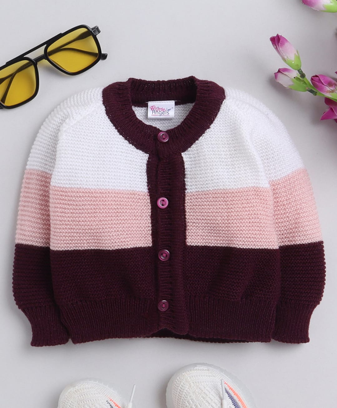 Little Angels Woollen Knit Full Sleeves Colour Blocked Cardigan - Maroon-image-13