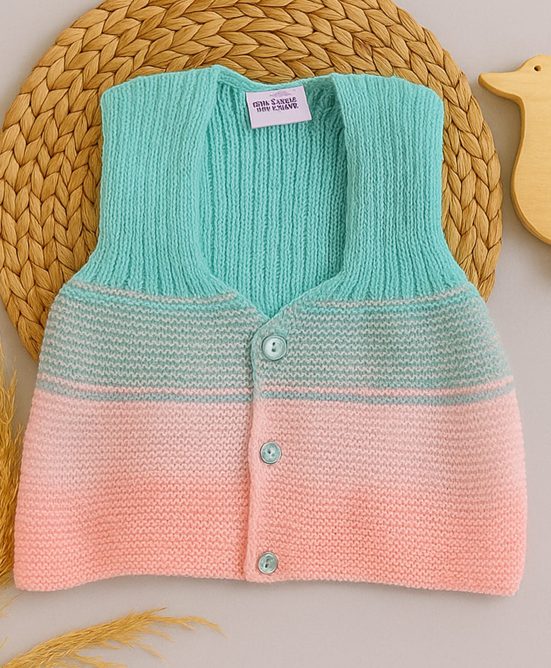 Little Angels Woollen Knit Sleeveless Colour Blocked Sweater - Pink & Green-image-7