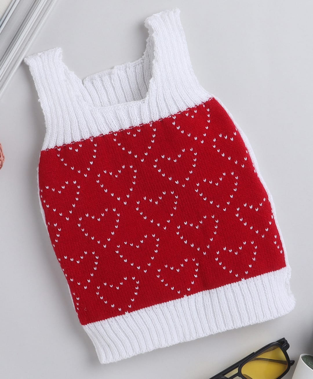 Little Angels Woollen Knit Sleeveless Hearts Embroidered Sweater - White & Red-image-45
