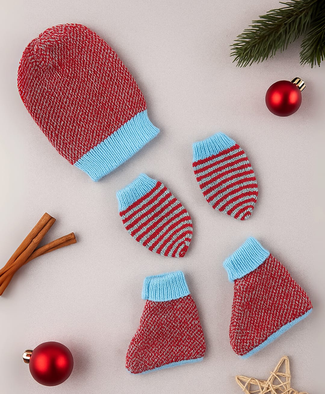 Little Angels Woollen Knit Self Designed Beanie Mittens & Socks - Blue & Maroon-image-0