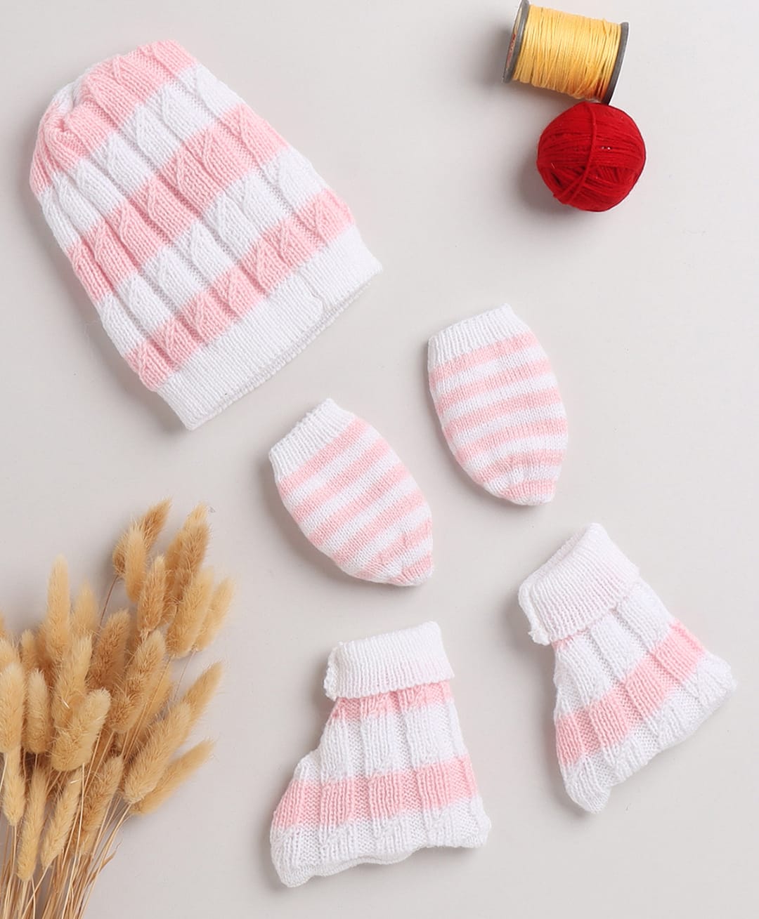Little Angels Woollen Knit Striped Beanie Mittens & Socks - White & Pink-image-2