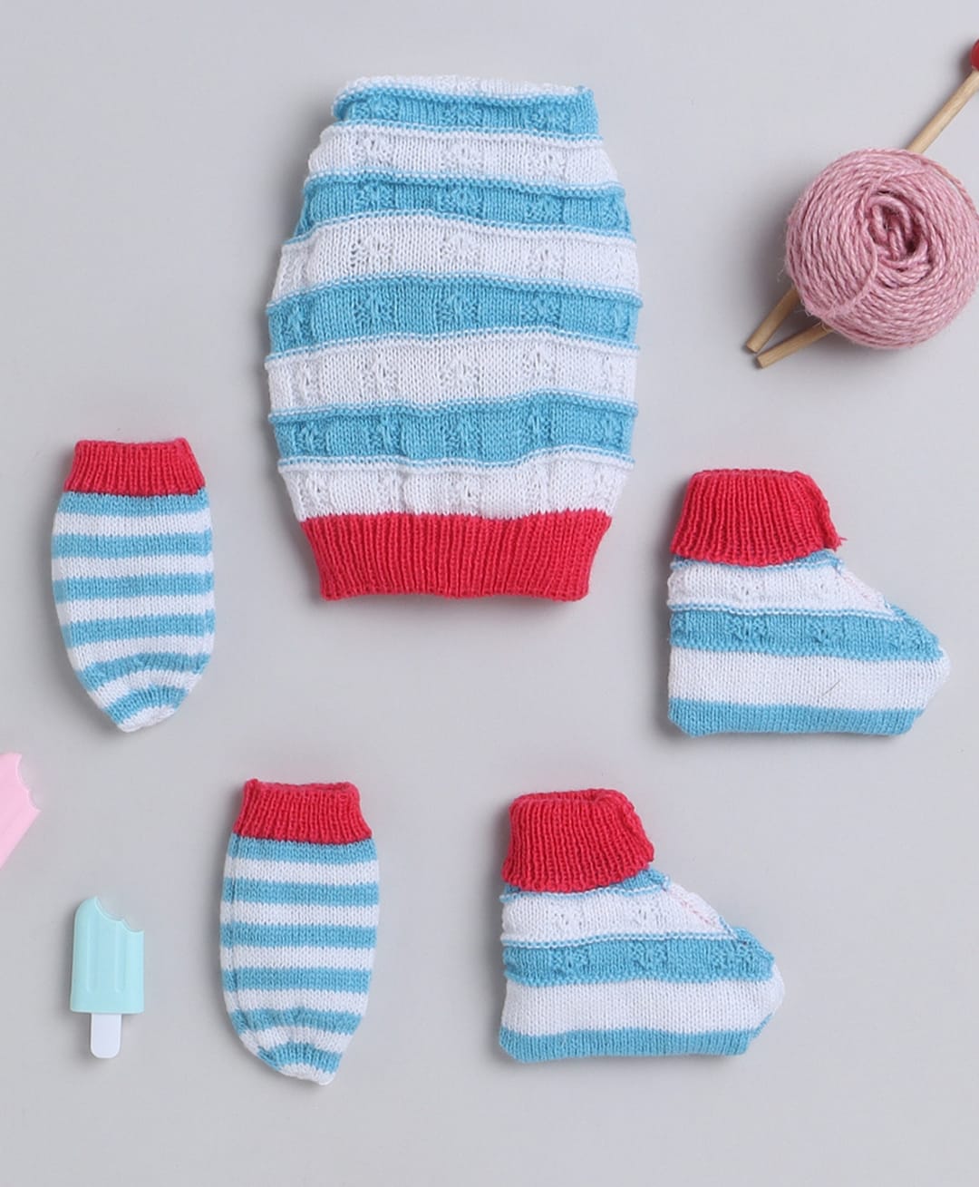 Little Angels Woollen Knit Striped Beanie Mittens & Socks - Blue & Red-picture-12