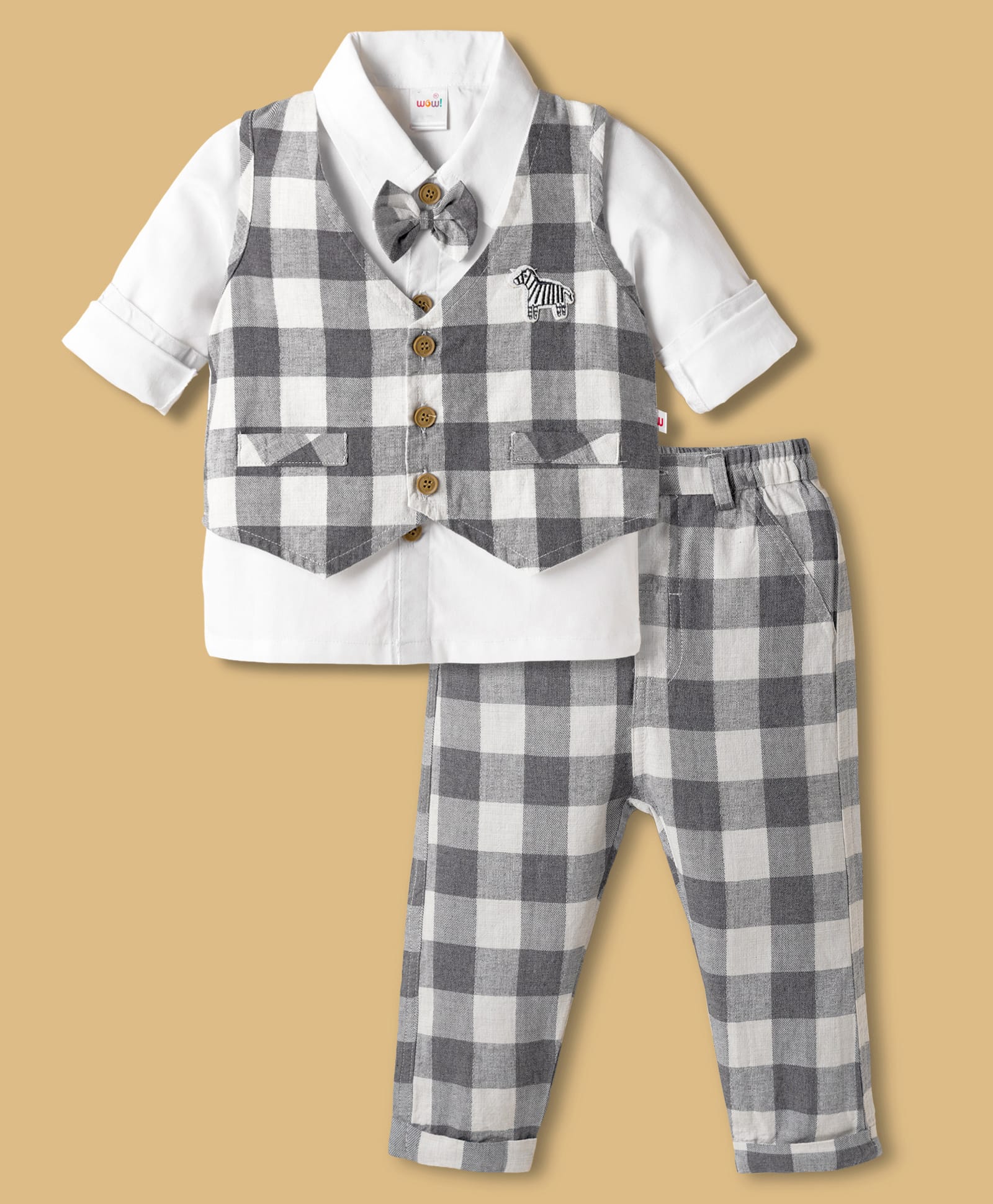 WOW Clothes Cotton Woven Full Sleeves 3 Piece Party Suit With Checks & Bow - Grey-image-40