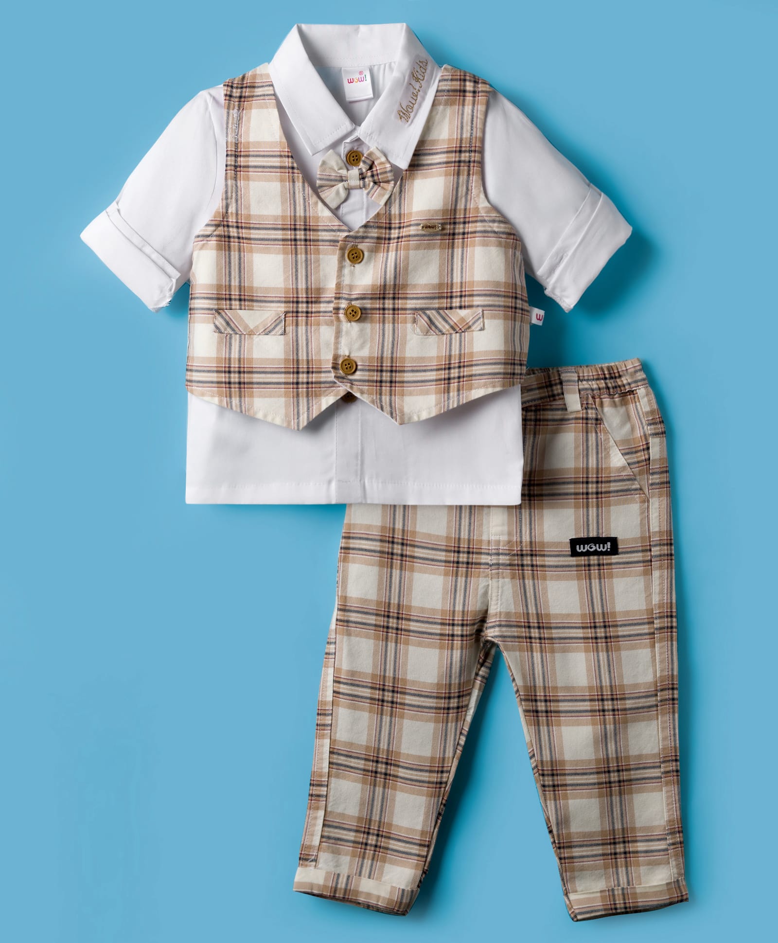 WOW Clothes Cotton Woven Full Sleeves 3 Piece Party Suit With Checks & Bow - Off White-image-36