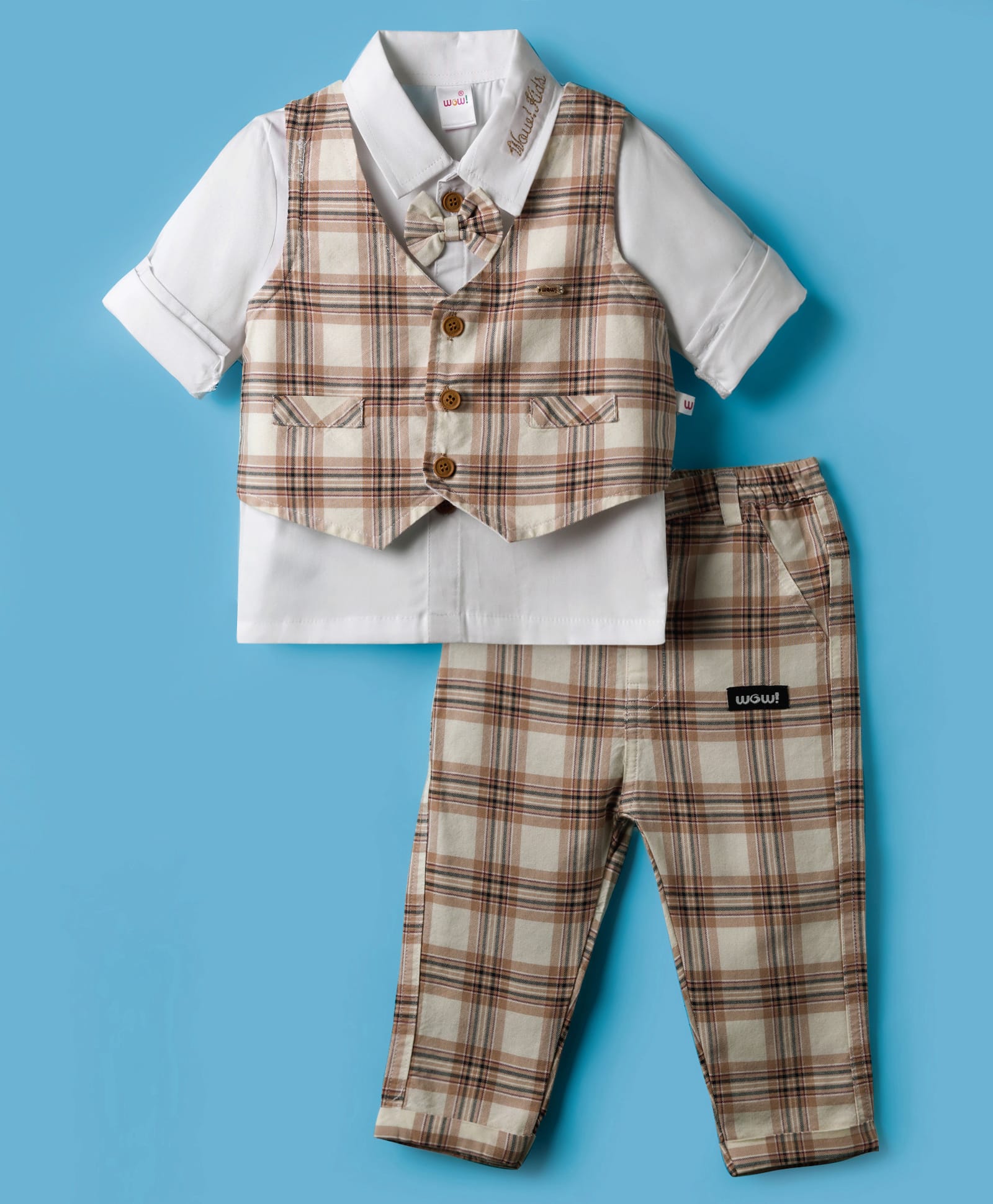 WOW Clothes Cotton Woven Full Sleeves 3 Piece Party Suit With Checks & Bow - Tan-image-7