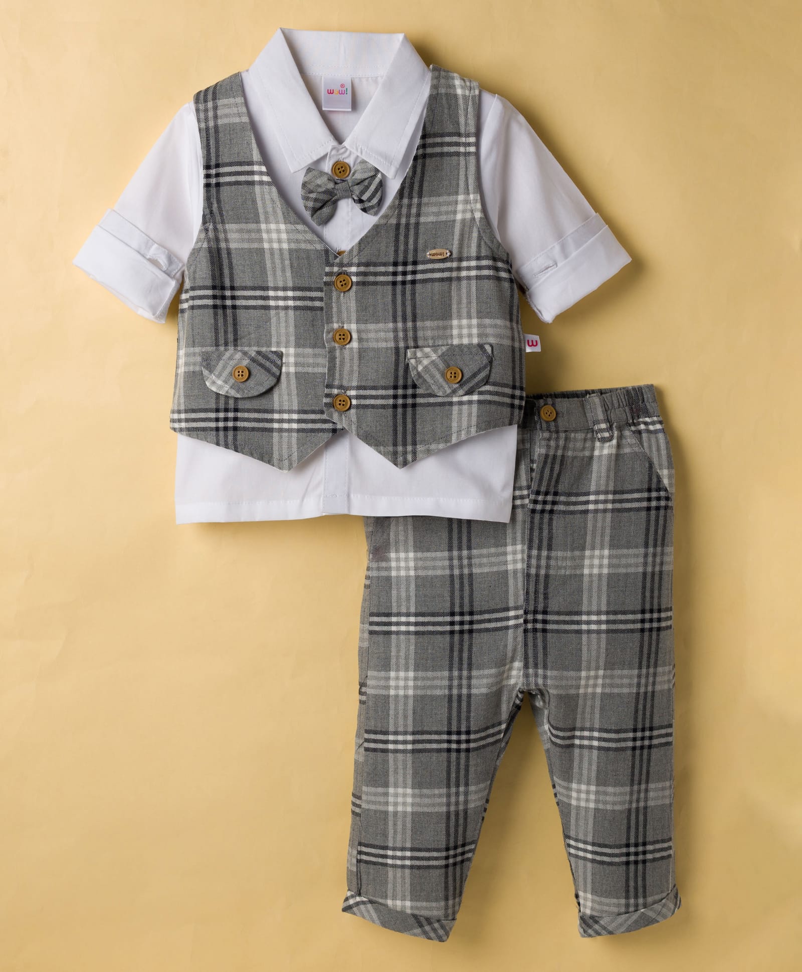 WOW Clothes Cotton Woven Full Sleeves 3 Piece Party Suit With Checks & Bow - Grey & White-image-39