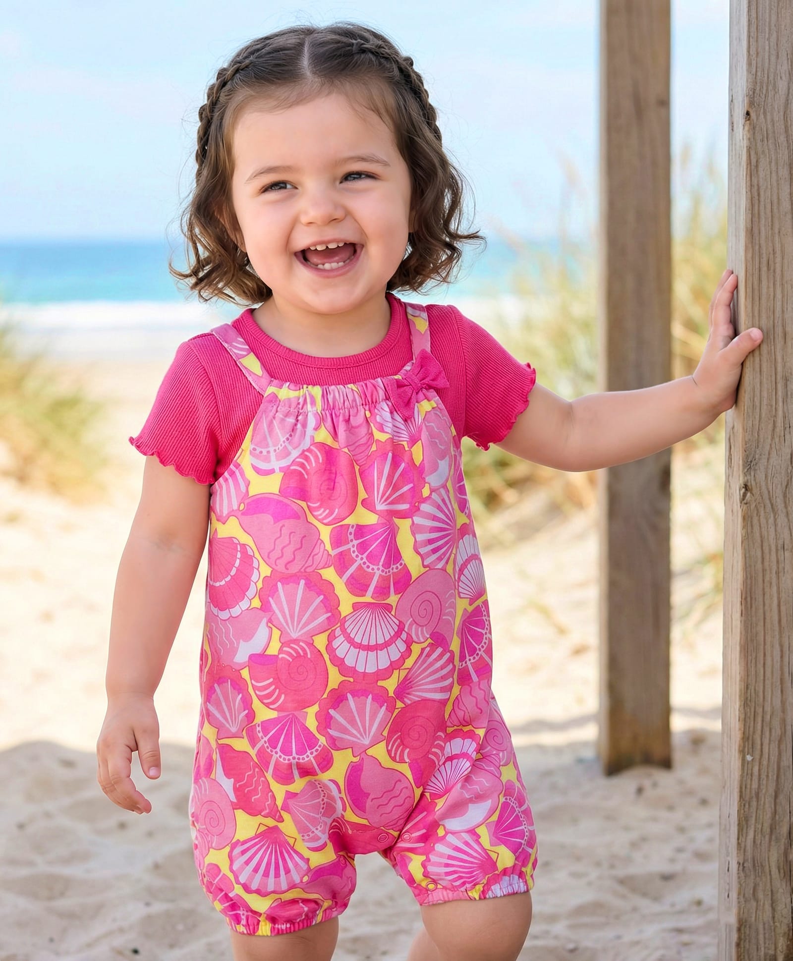 Babyhug Single Jersey Knit Dungaree & Half Sleeves Inner Tee With Seashell Print - Pink-image-28