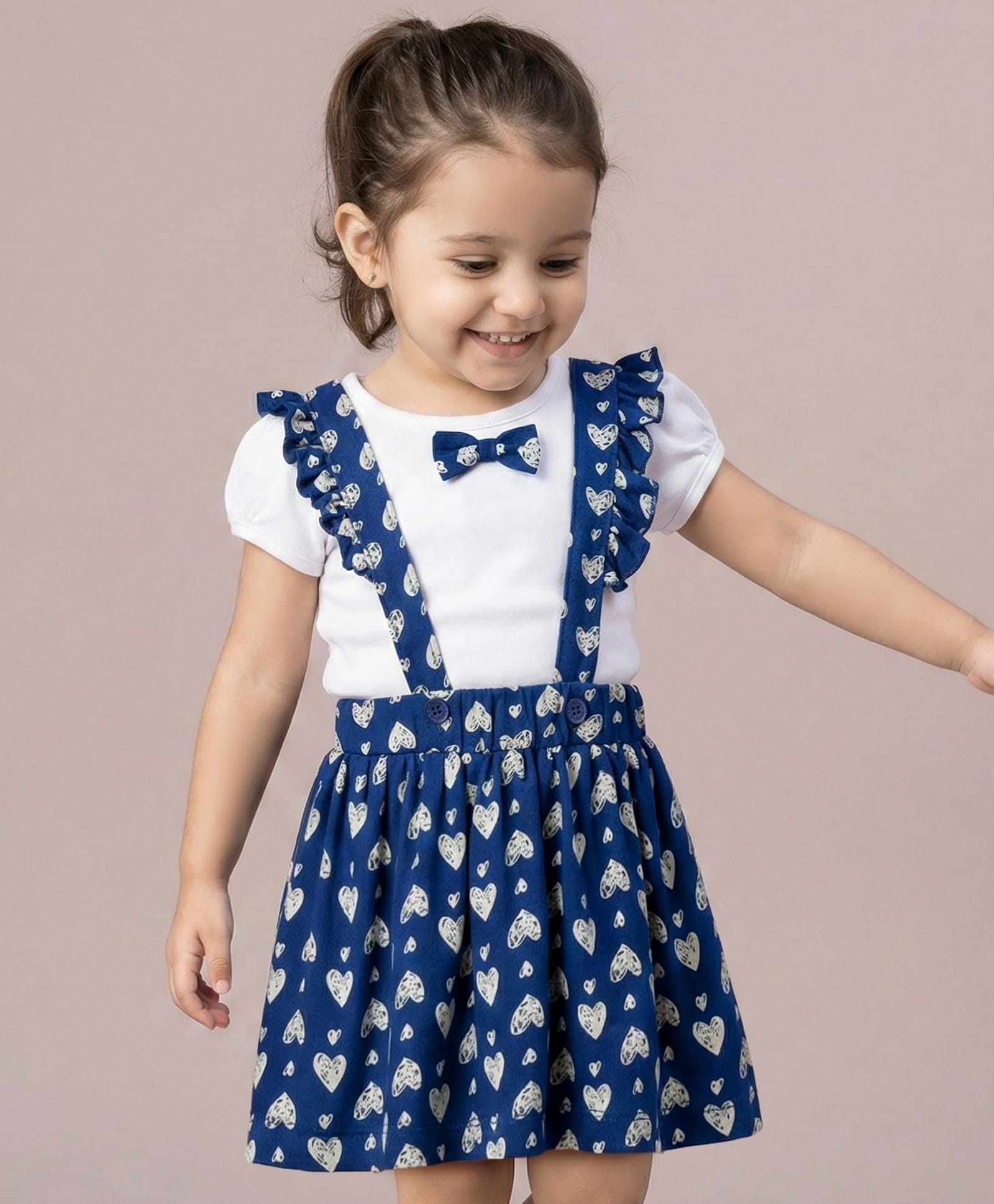 Babyhug Single Jersey Knit Haf Sleeves Top & Skirt Set With Heart Print - White & Navy Blue-image-23
