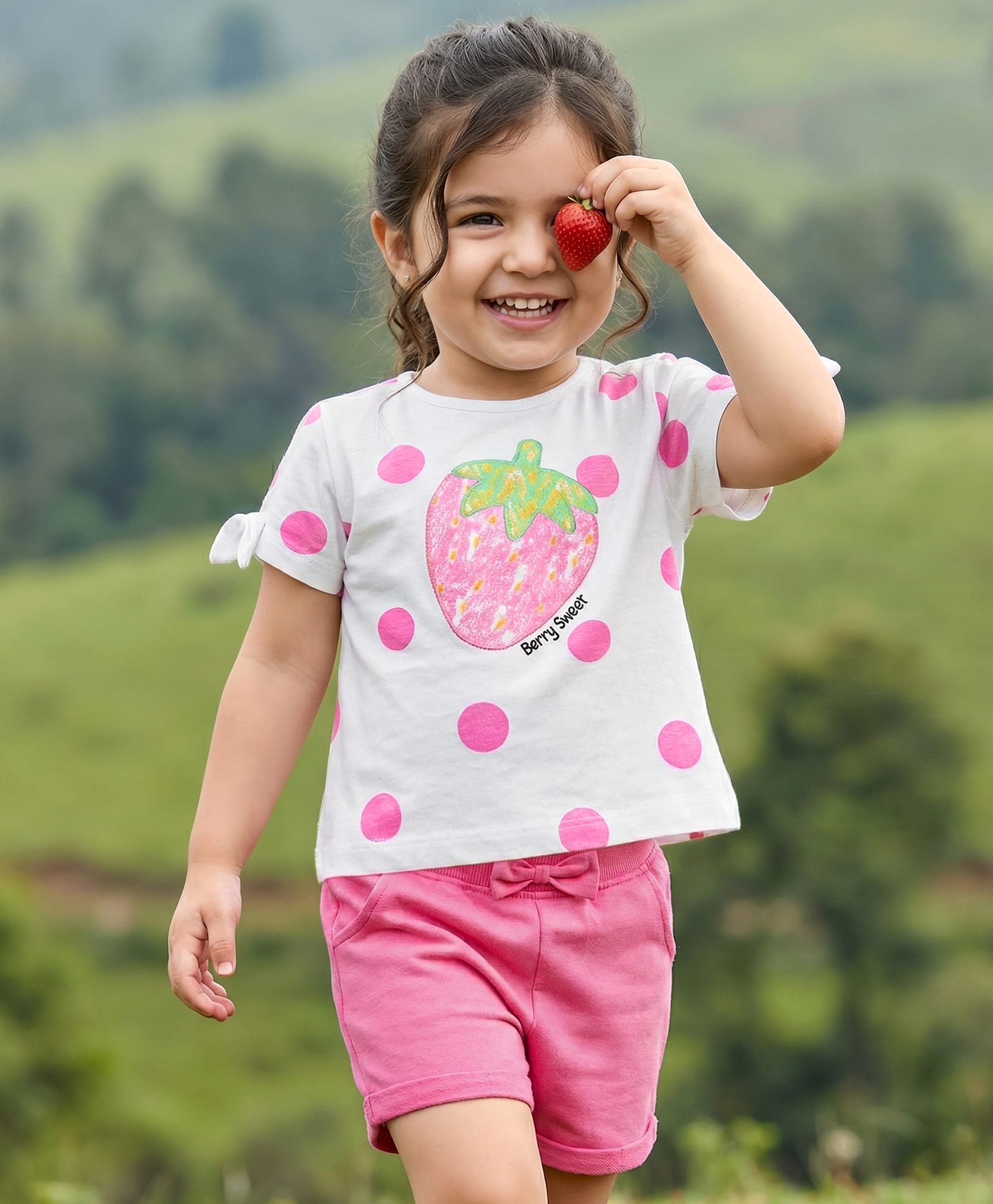 Babyhug Single Jersey Knit Half Sleeves Polka Dot Printed Top & Shorts Set with Bow Applique & Strawberry Embroidery - Pink & White-picture-36
