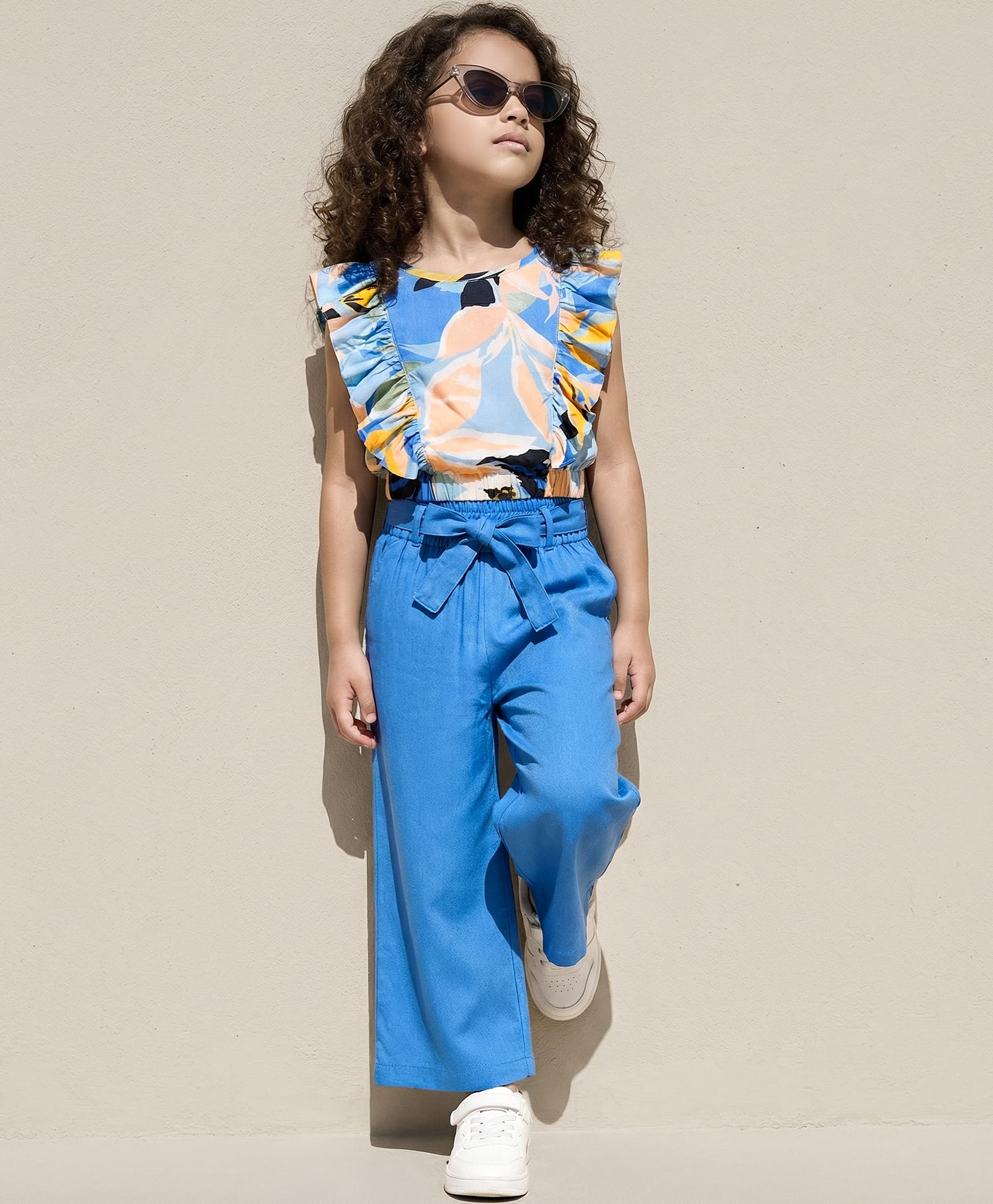 OLLINGTON ST. Rayon Half Sleeves Frill Floral Printed Top & Rayon Twill Culottes Set With Belt - Multicolor & Blue-image-27